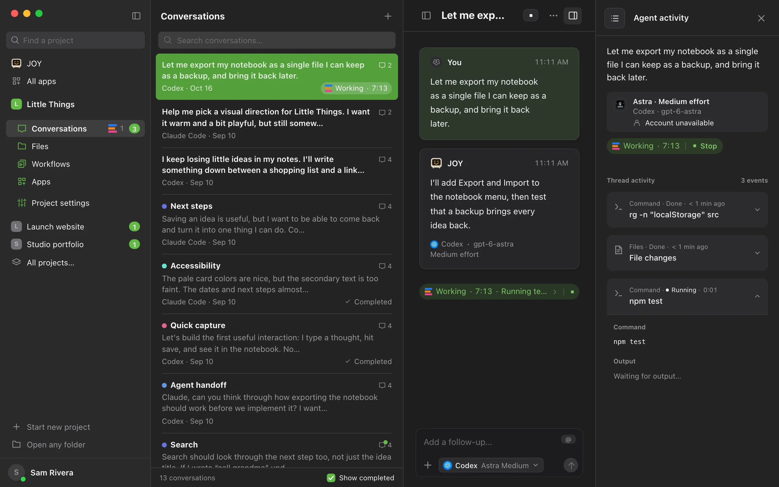 A working conversation, with the Agent activity panel open beside it from its button at the end of the toolbar: two finished steps and a command still running. Highlighted: Show agent activity.