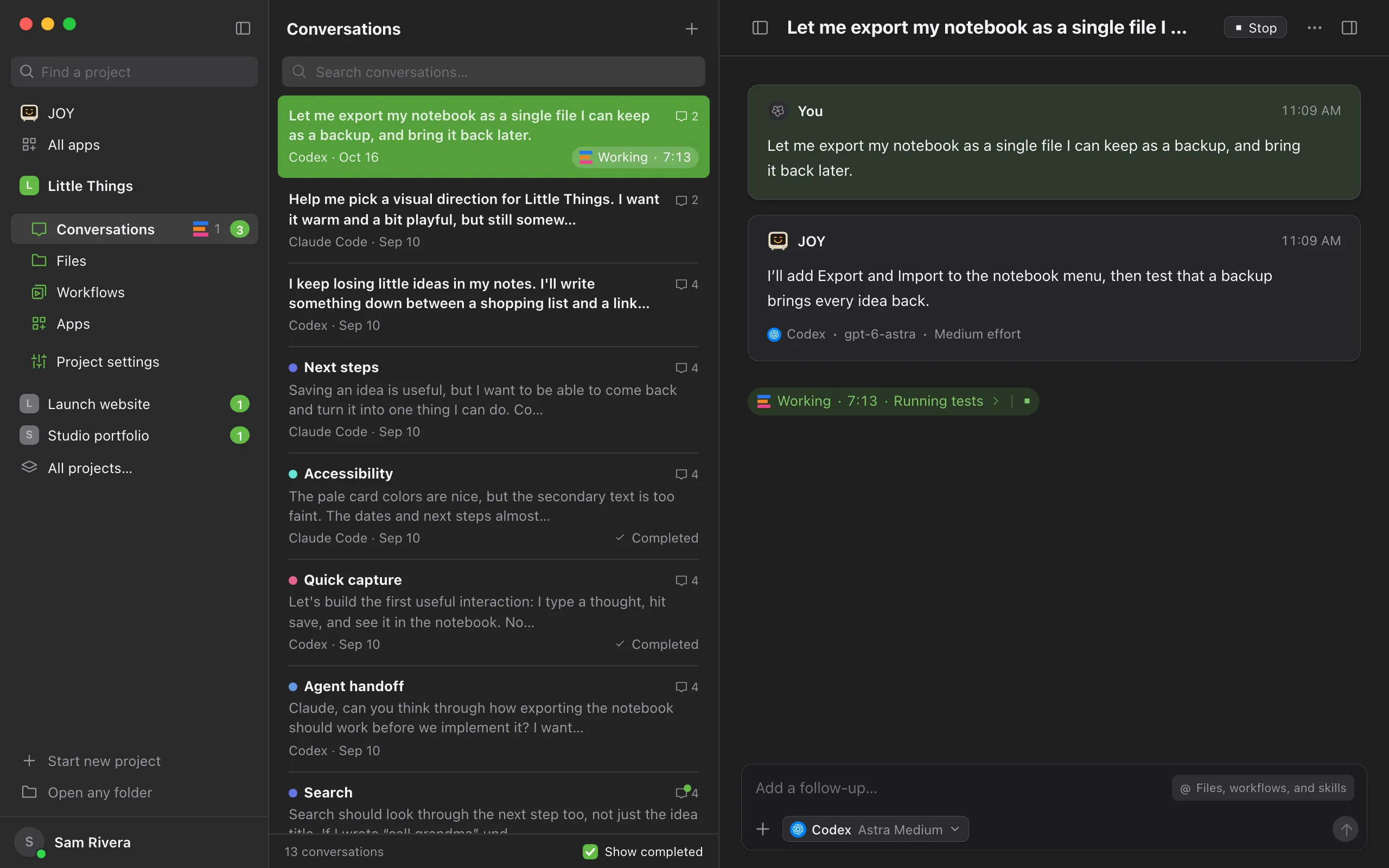 A working conversation, with Stop beside its title. Highlighted: Stop.