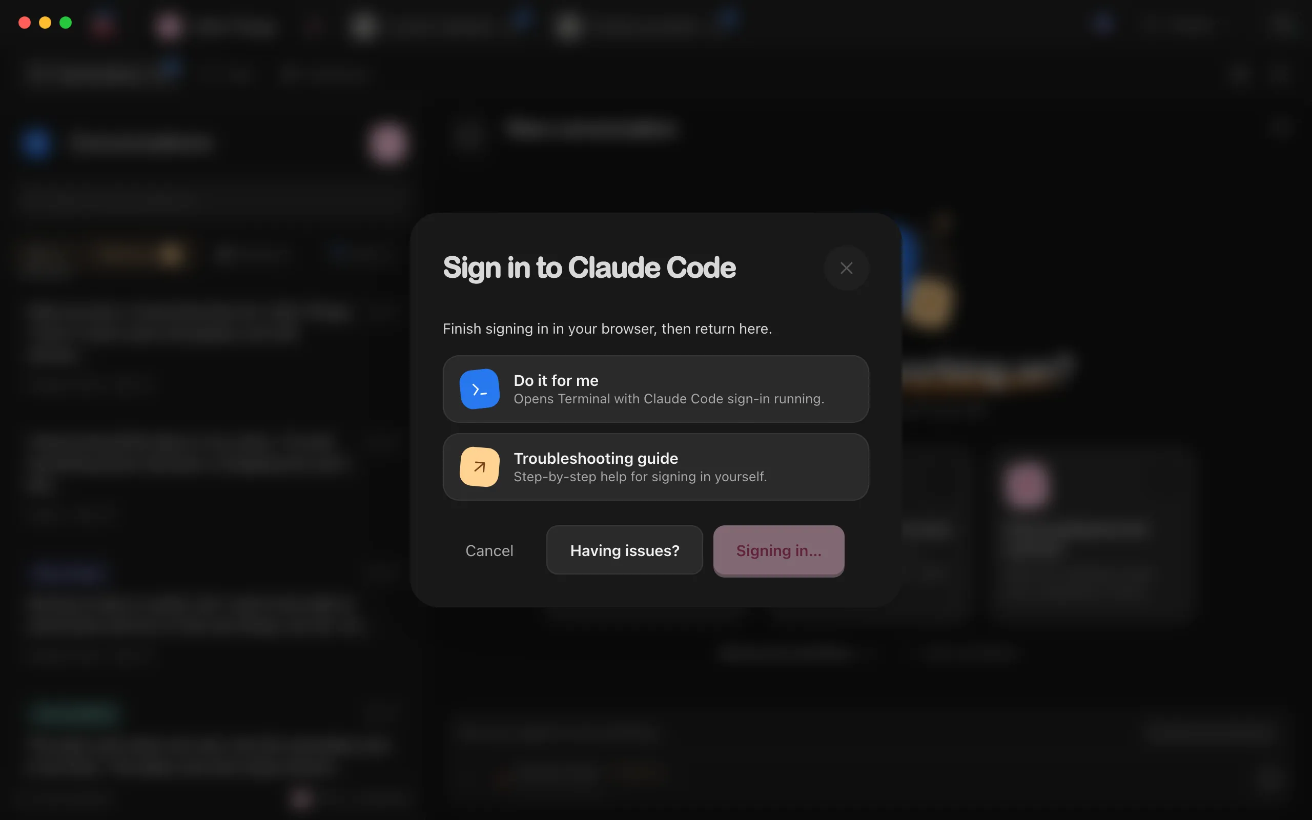 The Sign in to Claude Code window with its help open: Do it for me and Troubleshooting guide. Highlighted: Do it for me.