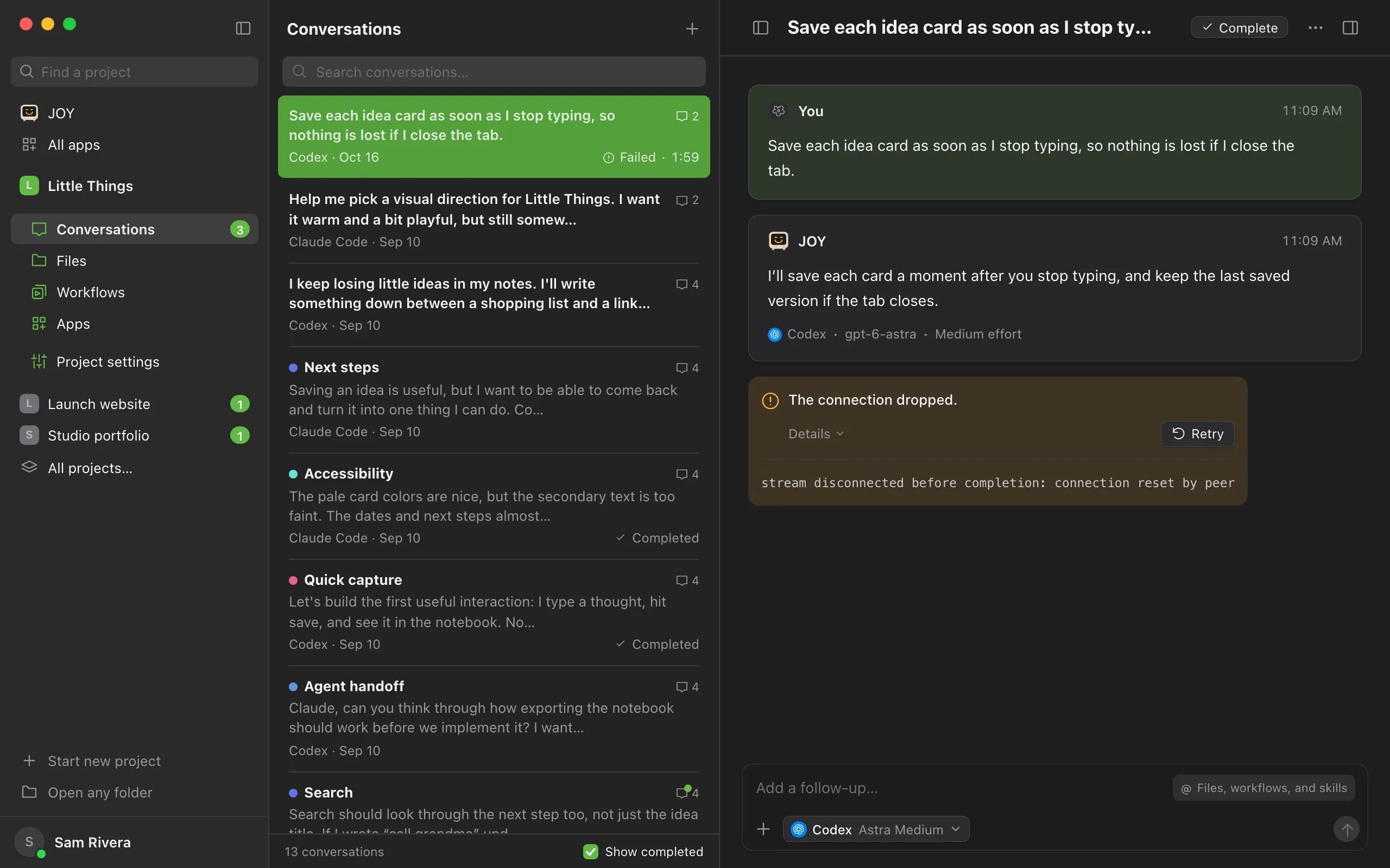 A conversation whose status says Failed. Under the last message: the reason, The connection dropped, then Details with the agent’s own error, and Retry. Highlighted: Details.