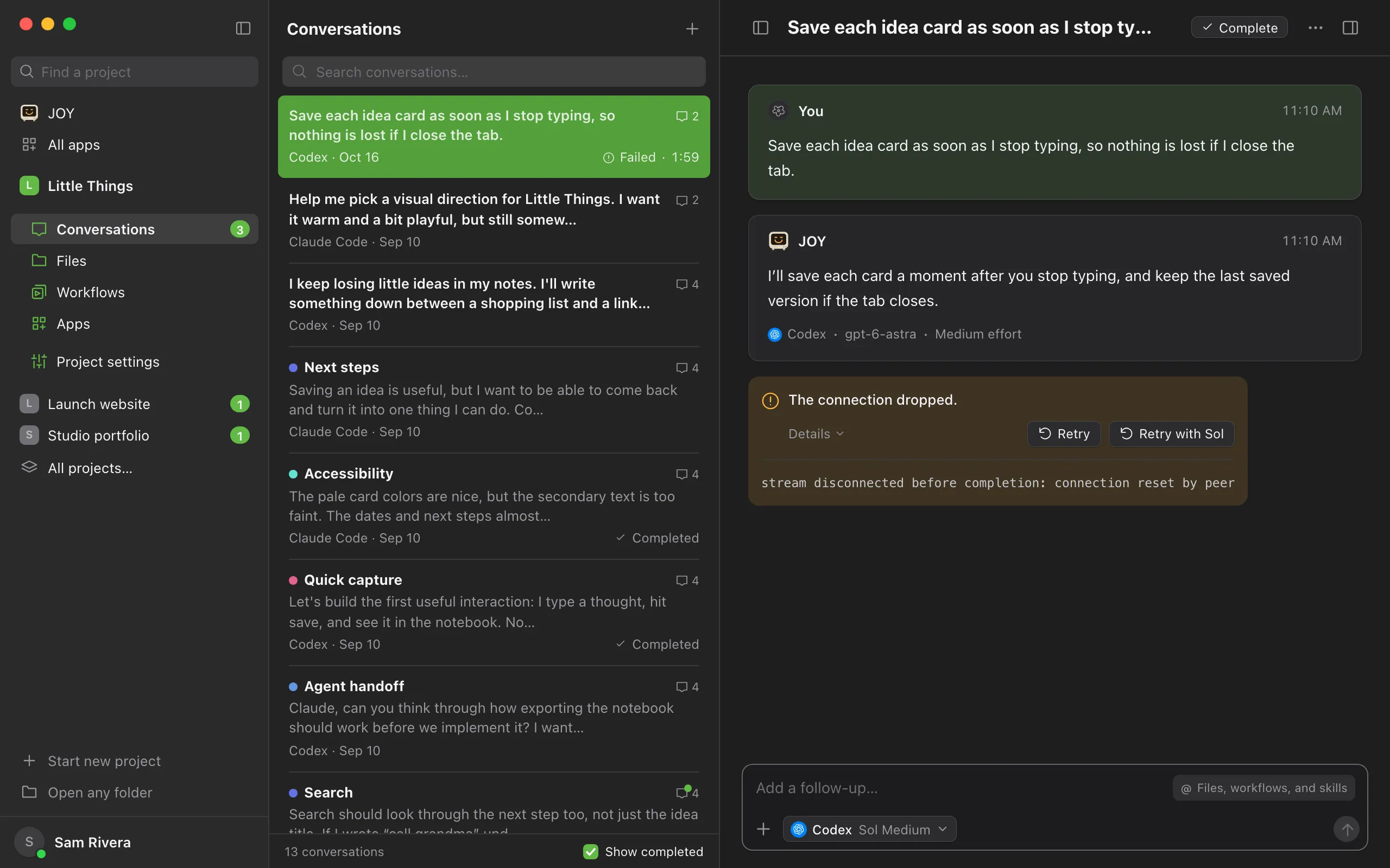 After choosing another model in the message box, the failed conversation offers Retry and Retry with Sol, naming the model that changed. Highlighted: Retry with Sol.