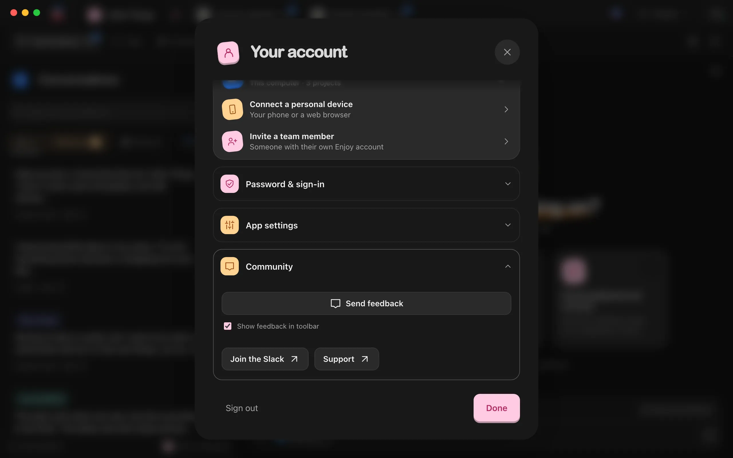 Your account, scrolled to Community: Send feedback, then Join the Slack and Support. Highlighted: Support.