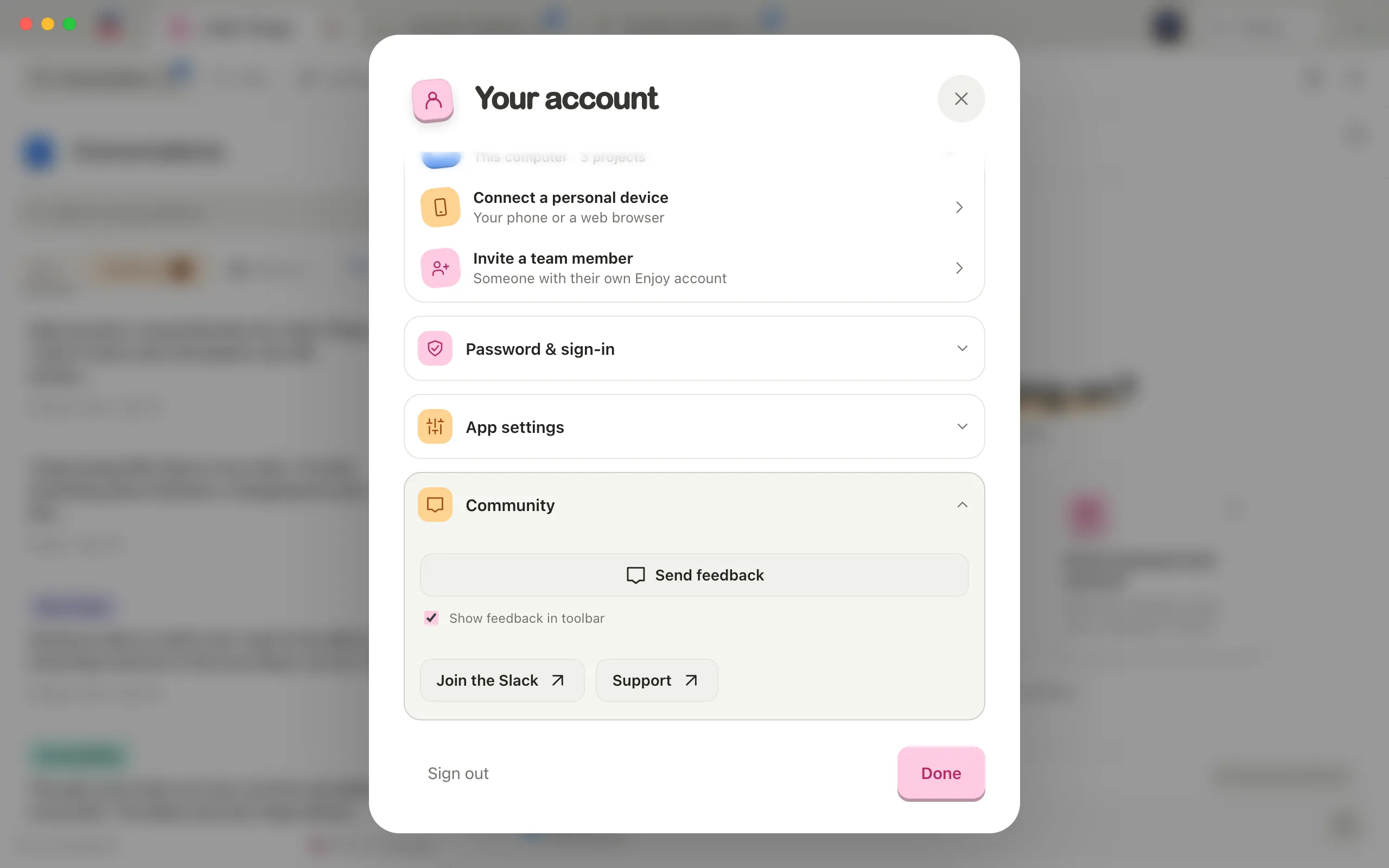 Your account, scrolled to Community: Send feedback, then Join the Slack and Support. Highlighted: Support.