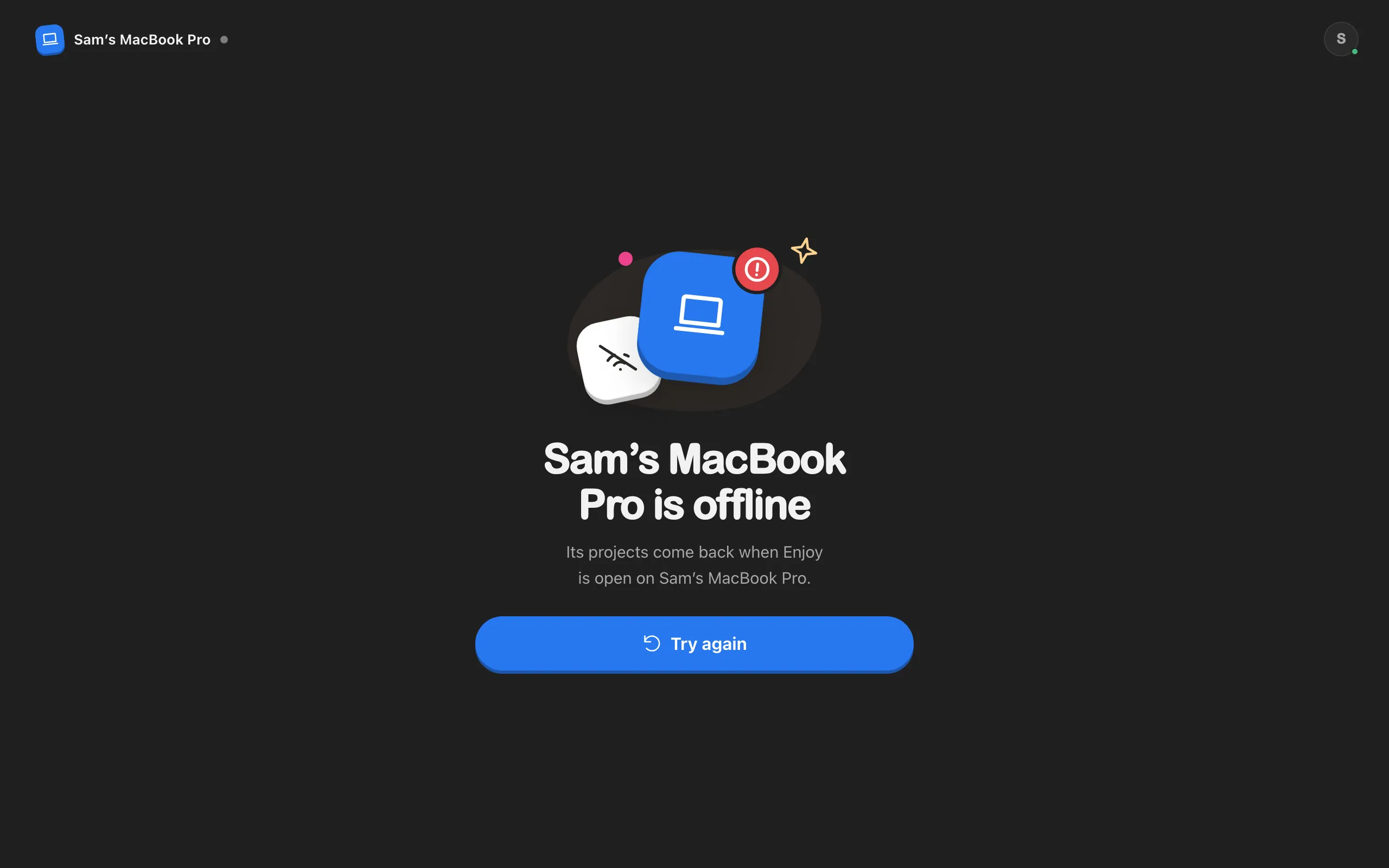 The web app saying the computer is offline (Sam’s MacBook Pro is offline), with Try again. Highlighted: Try again.