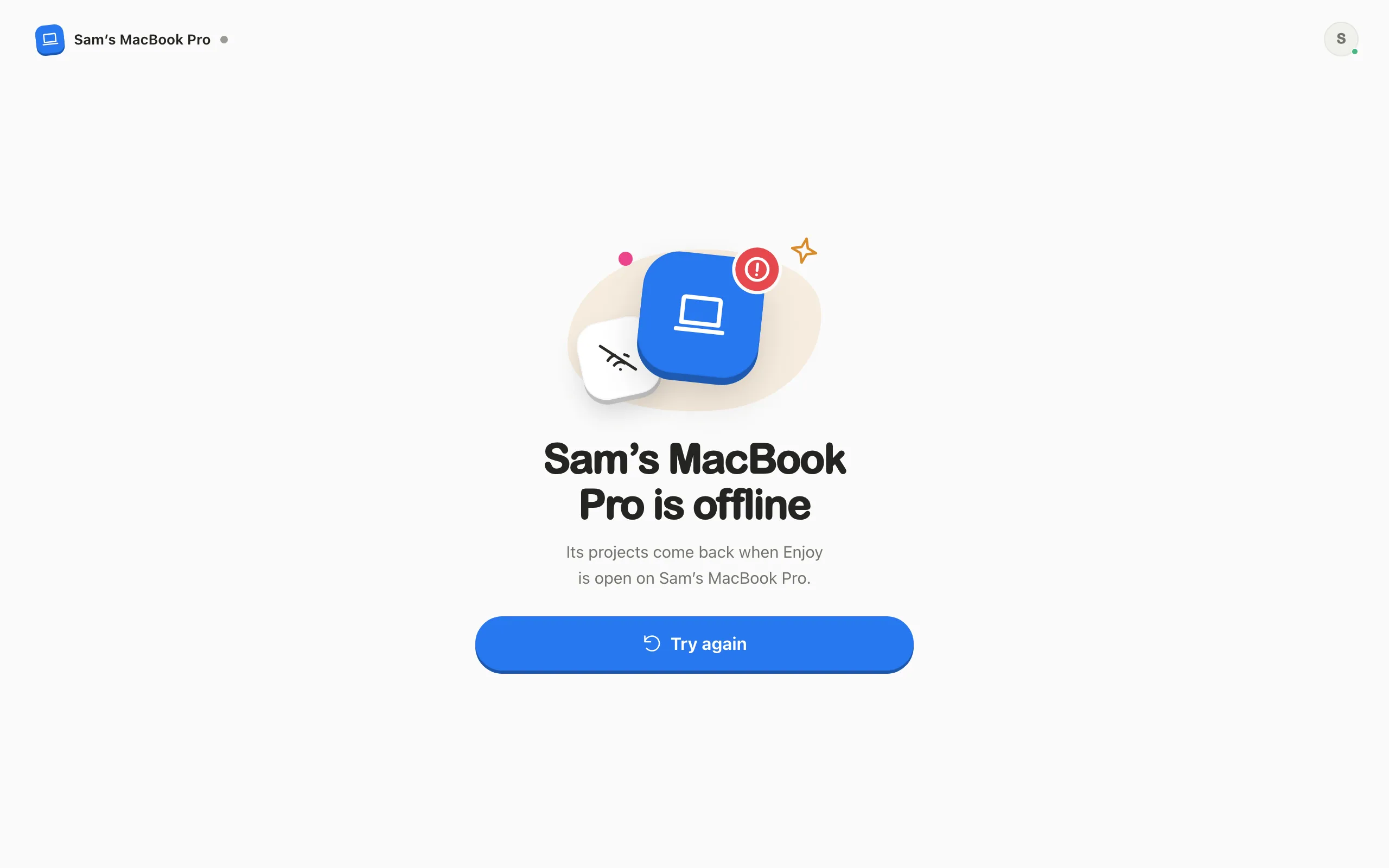 The web app saying the computer is offline (Sam’s MacBook Pro is offline), with Try again. Highlighted: Try again.