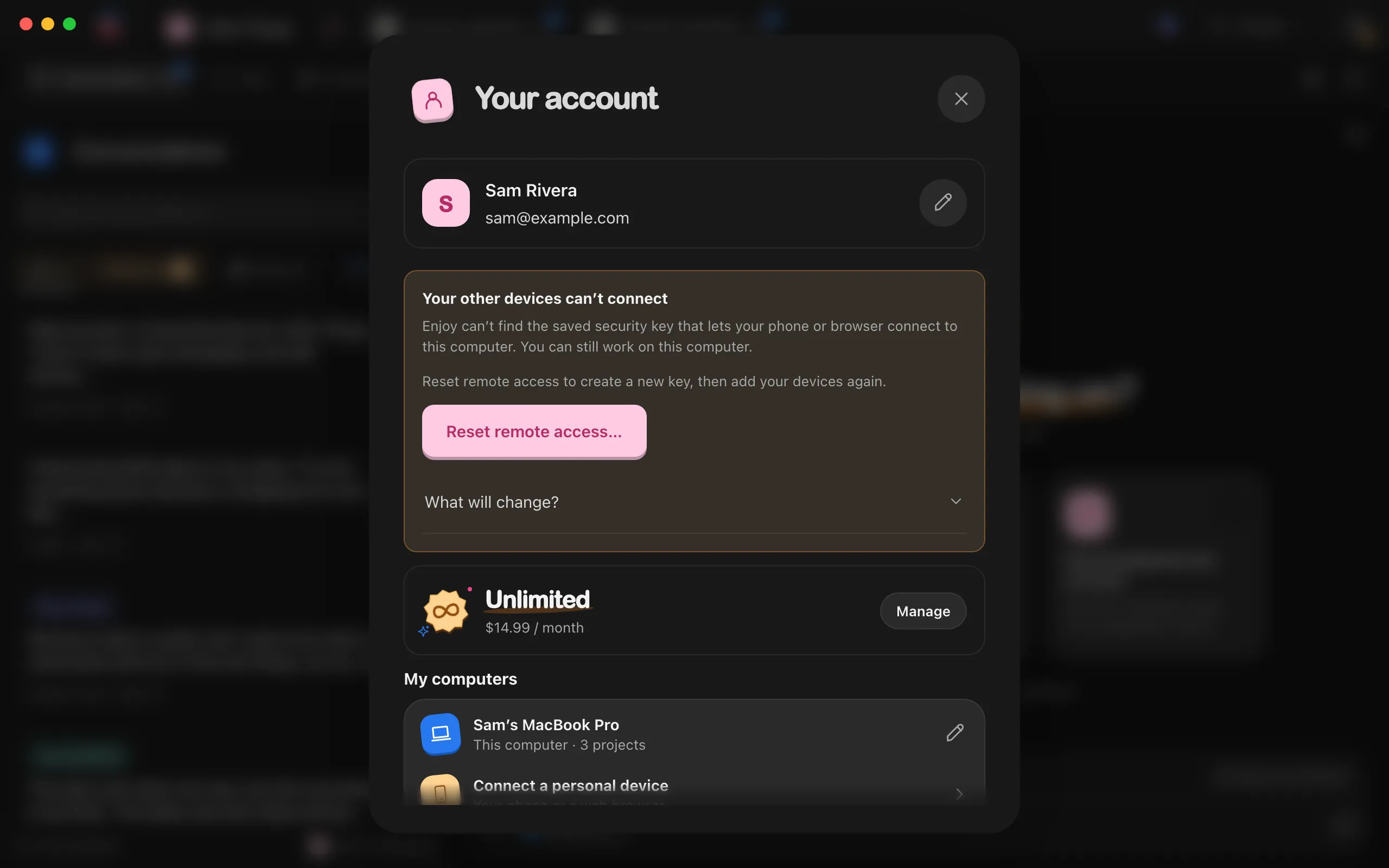 Your account, with Your other devices can’t connect at the top and Reset remote access… under its explanation. Highlighted: Reset remote access….