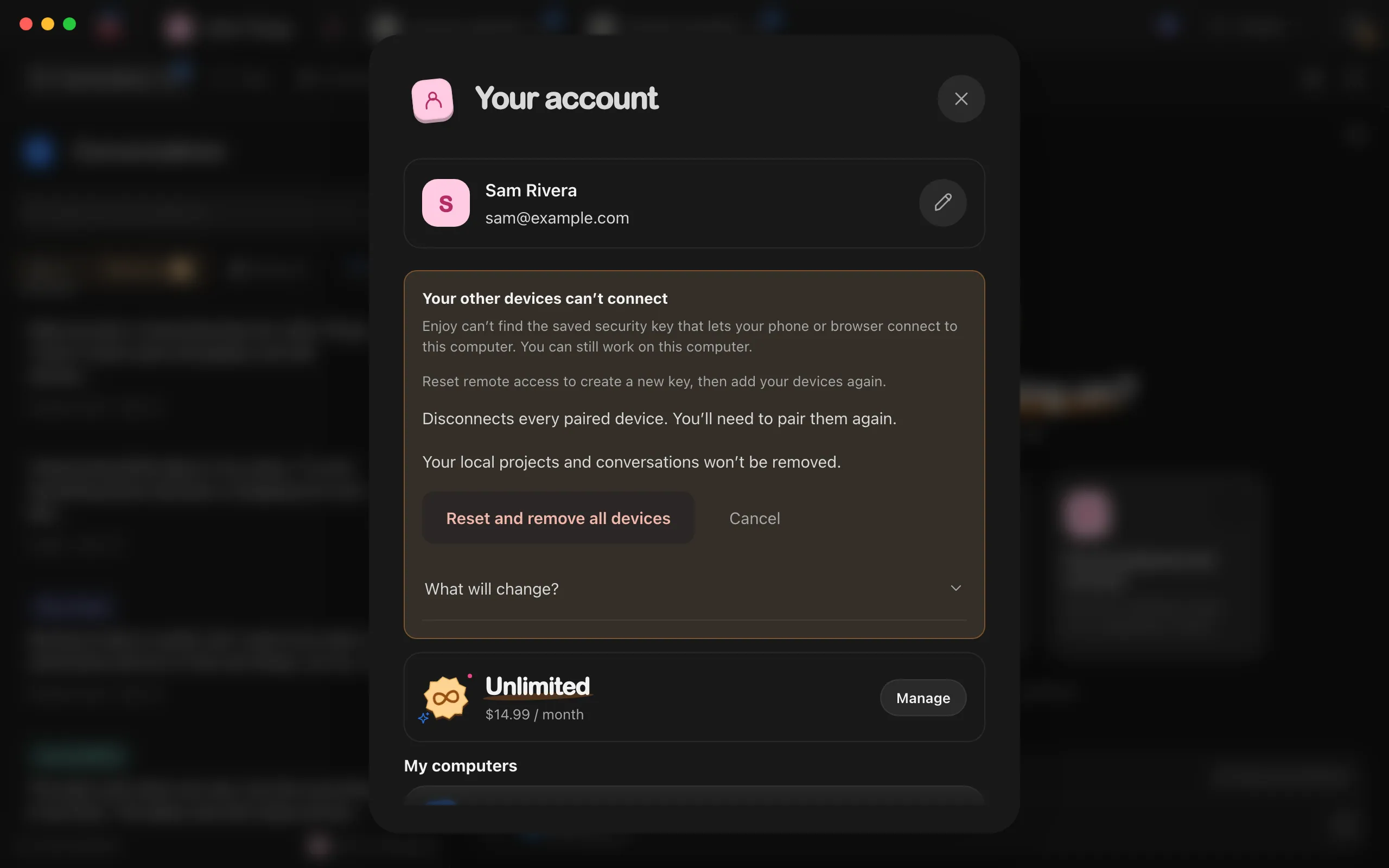 Under Your other devices can’t connect, the reset’s explanation: it disconnects every paired device, and your local projects and conversations won’t be removed. Highlighted: Reset and remove all devices.