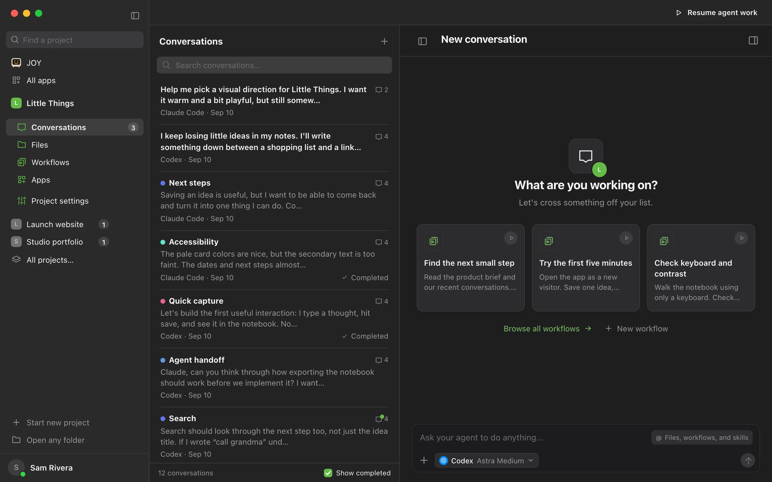 A project whose agent work is paused, with Resume agent work at its top right. Highlighted: Resume agent work.