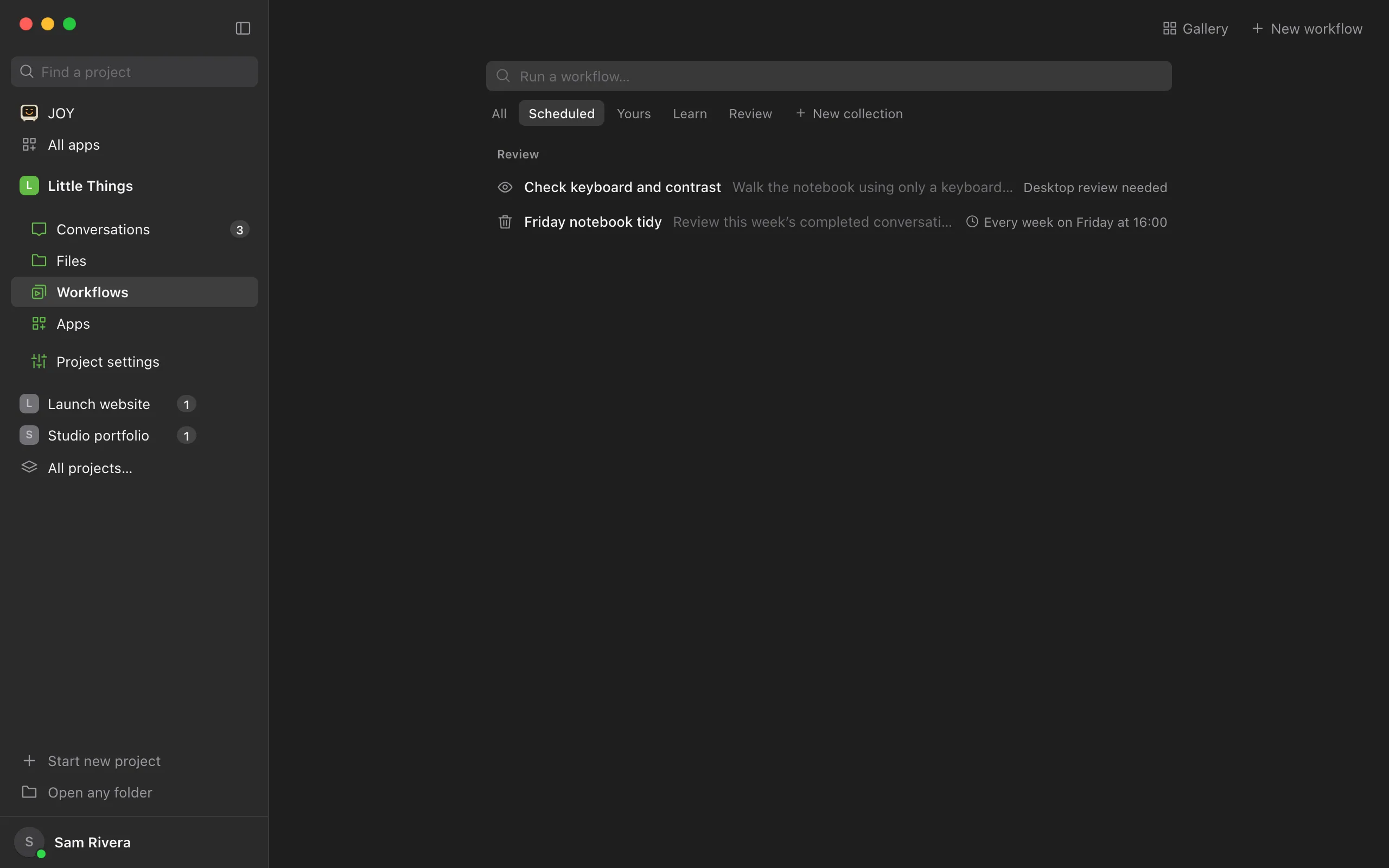 Scheduled in the Workflows library, with a line for each scheduled workflow. Check keyboard and contrast says Desktop review needed at its right; Friday notebook tidy shows how often it repeats. Highlighted: Desktop review needed.