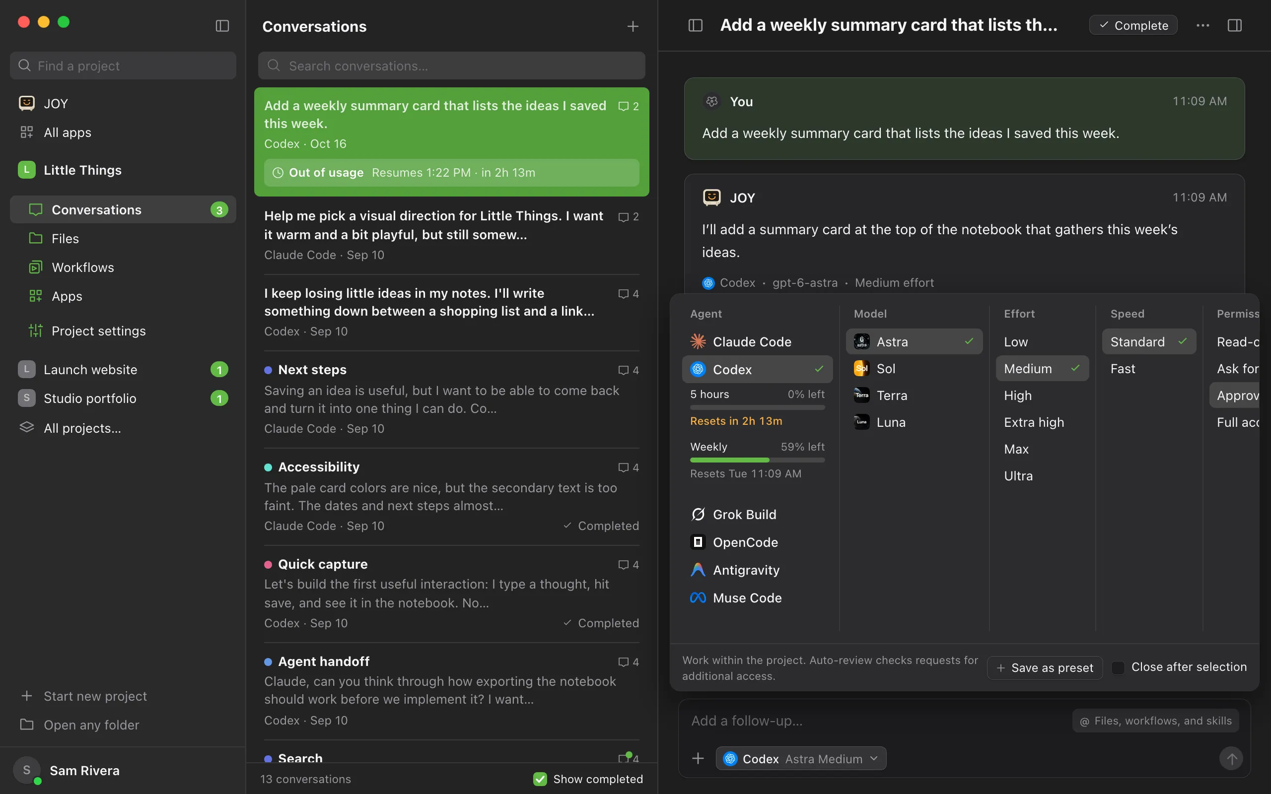 The agent settings in the message box. Under Codex, its usage meters: 5 hours with 0% left, and Weekly with 59% left. Highlighted: The usage meters.