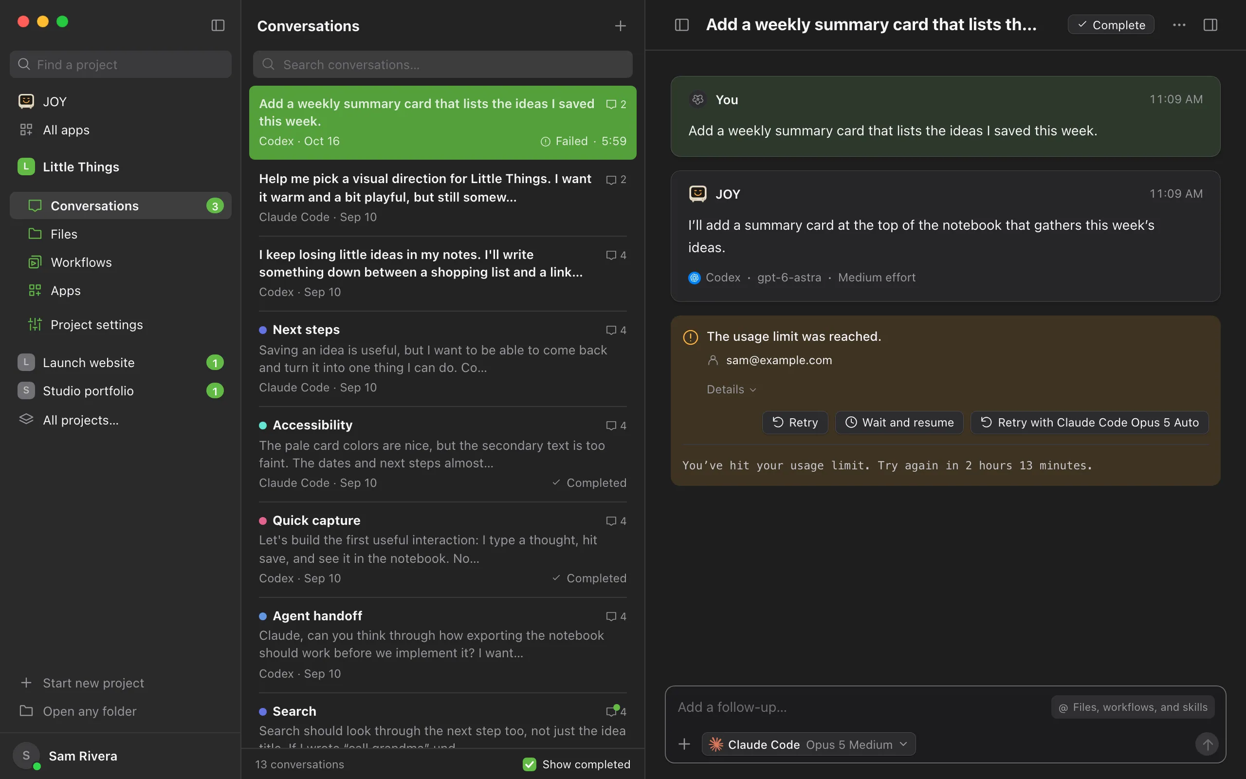 After Stop waiting and choosing Claude Code in the message box, the conversation says the usage limit was reached on sam@example.com and offers Retry, Wait and resume, and Retry with Claude Code, followed by the model and permissions that changed. Highlighted: Retry with Claude Code.