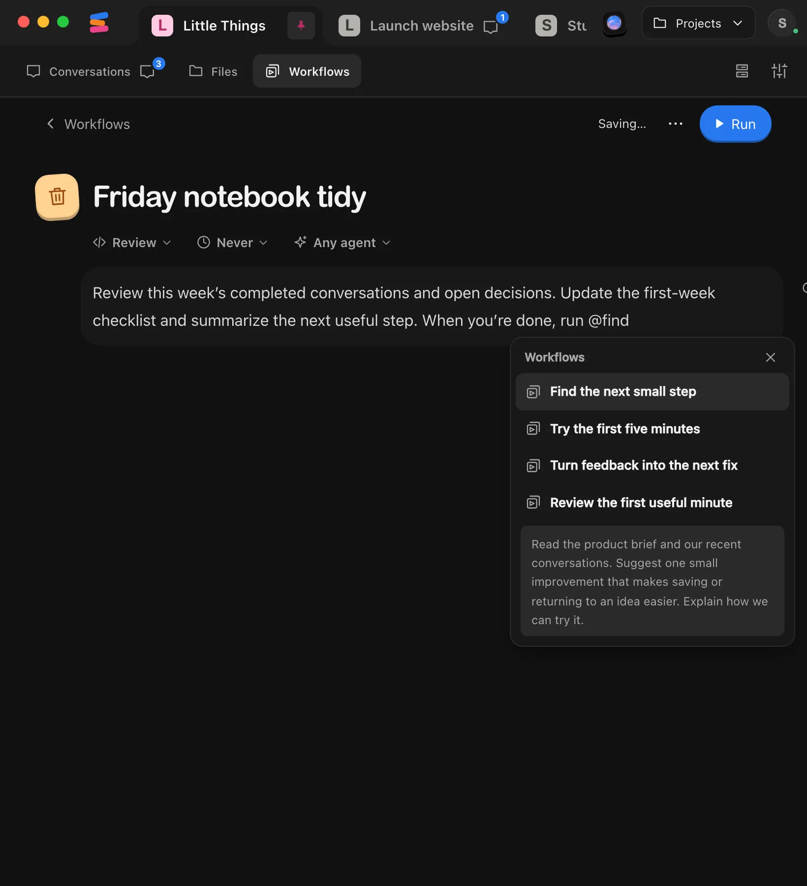 A workflow’s page with “run @find” typed in its instructions and the Workflows list open below it, previewing the highlighted workflow. Highlighted: Workflows.
