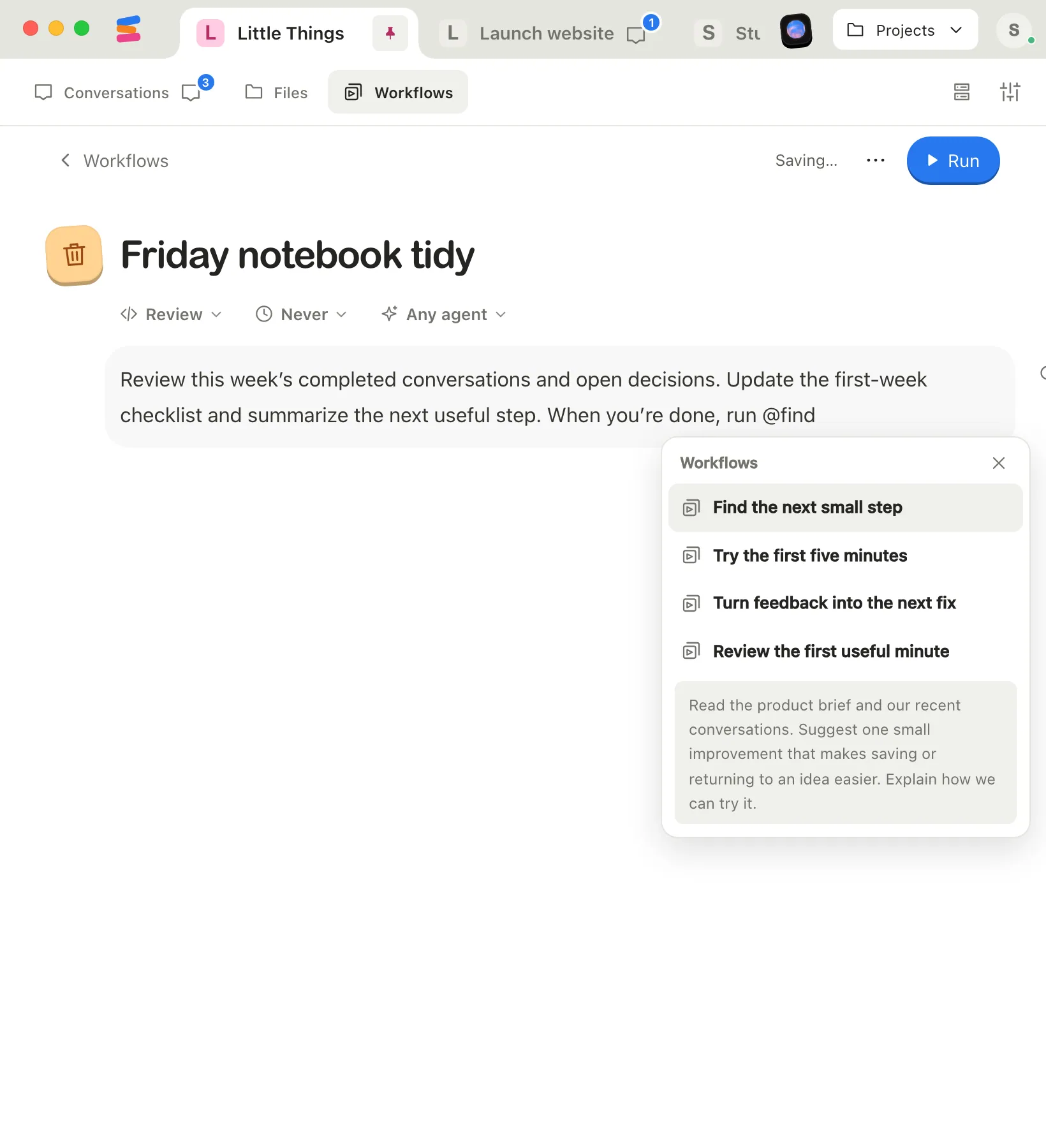 A workflow’s page with “run @find” typed in its instructions and the Workflows list open below it, previewing the highlighted workflow. Highlighted: Workflows.