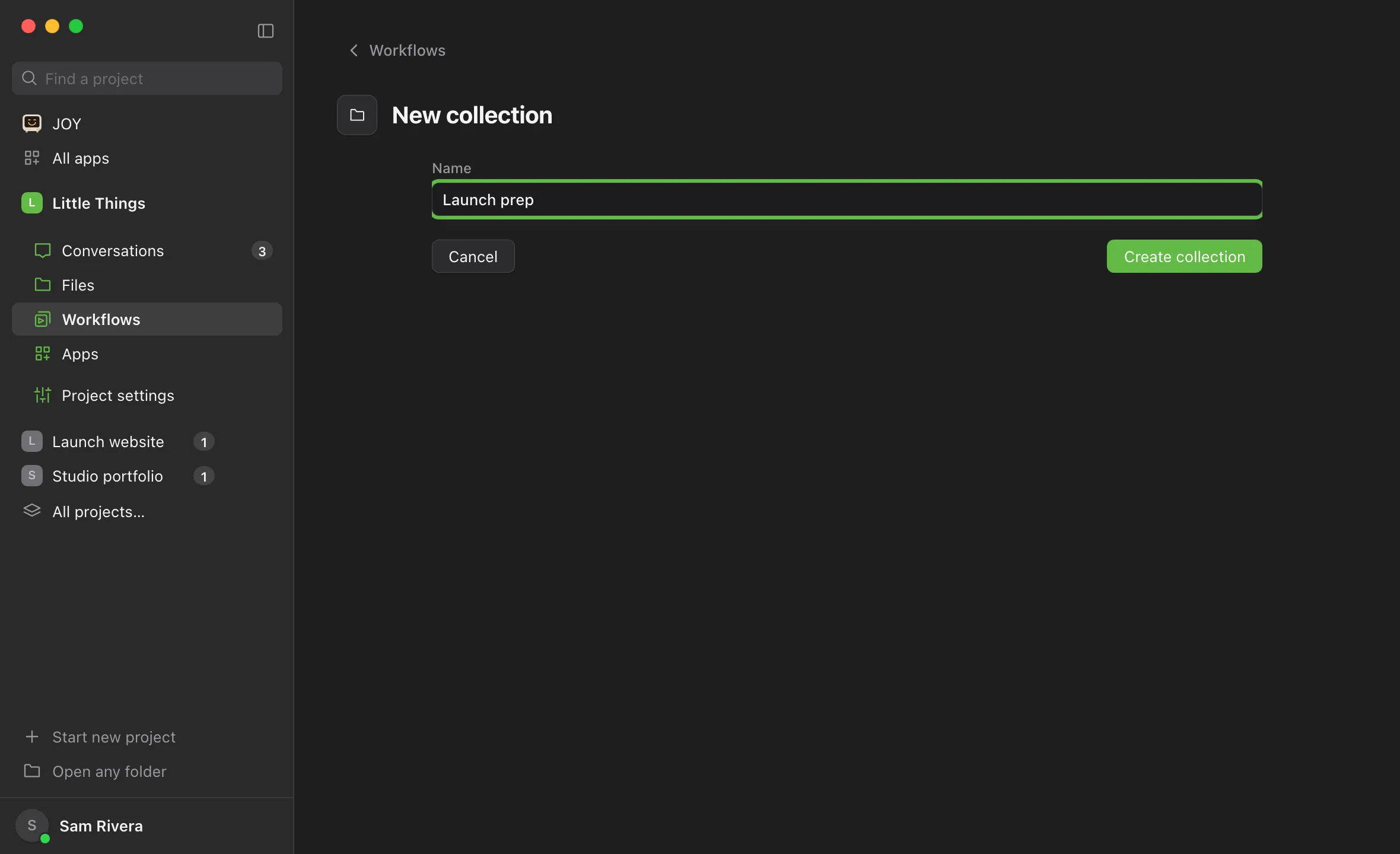The New collection page with a name typed in. Highlighted: Create collection.