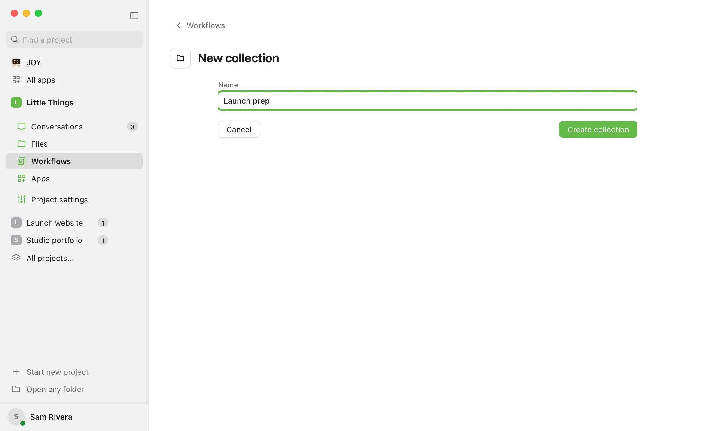 The New collection page with a name typed in. Highlighted: Create collection.