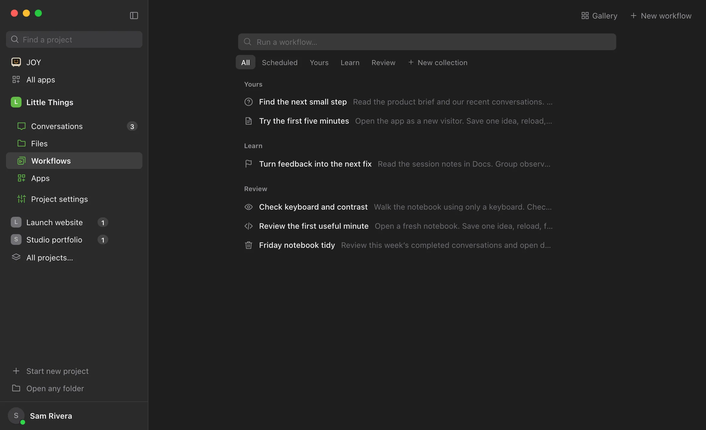 The Workflows tab of a project, with New workflow at the top right. Highlighted: New workflow.