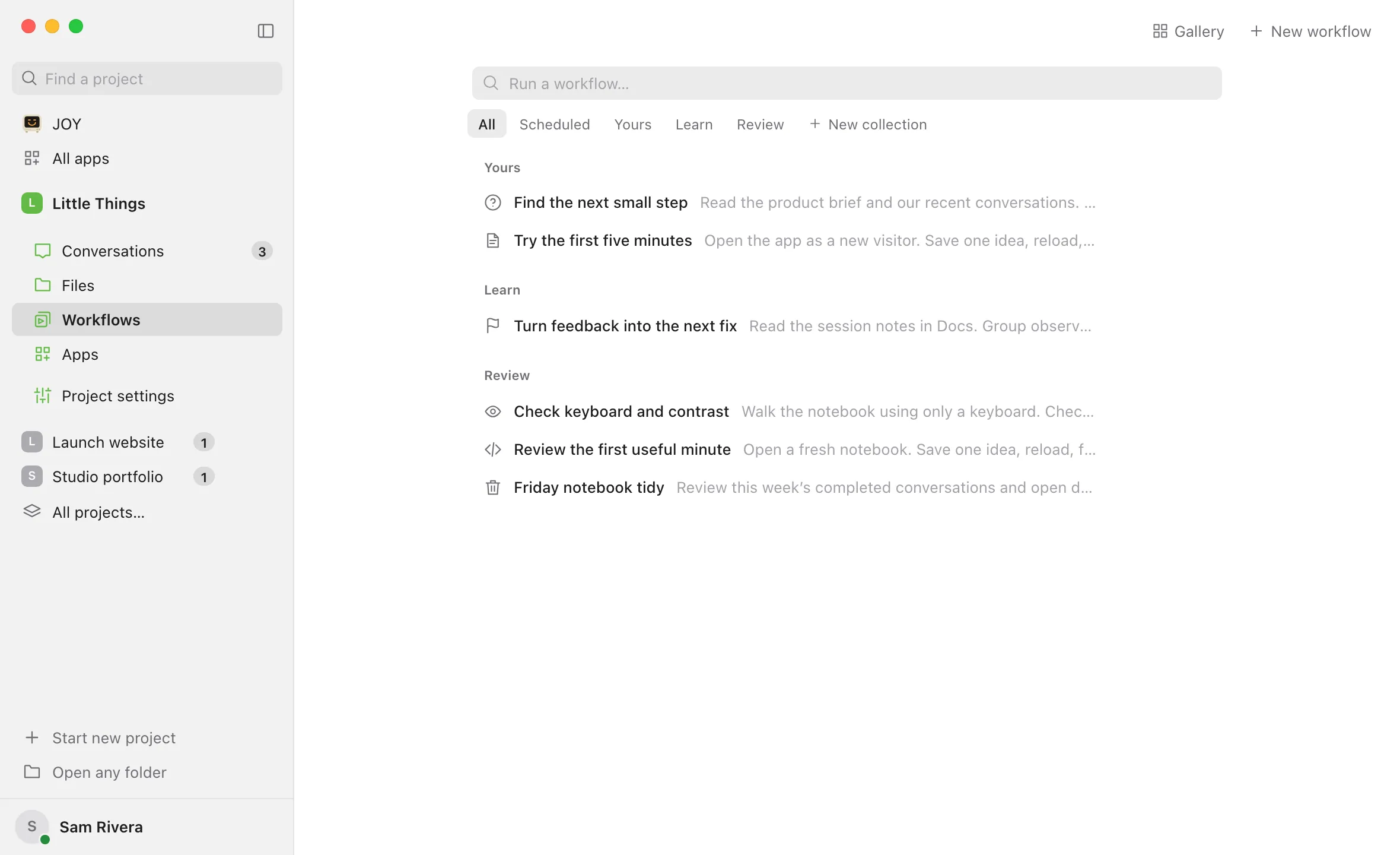 The Workflows tab of a project, with New workflow at the top right. Highlighted: New workflow.