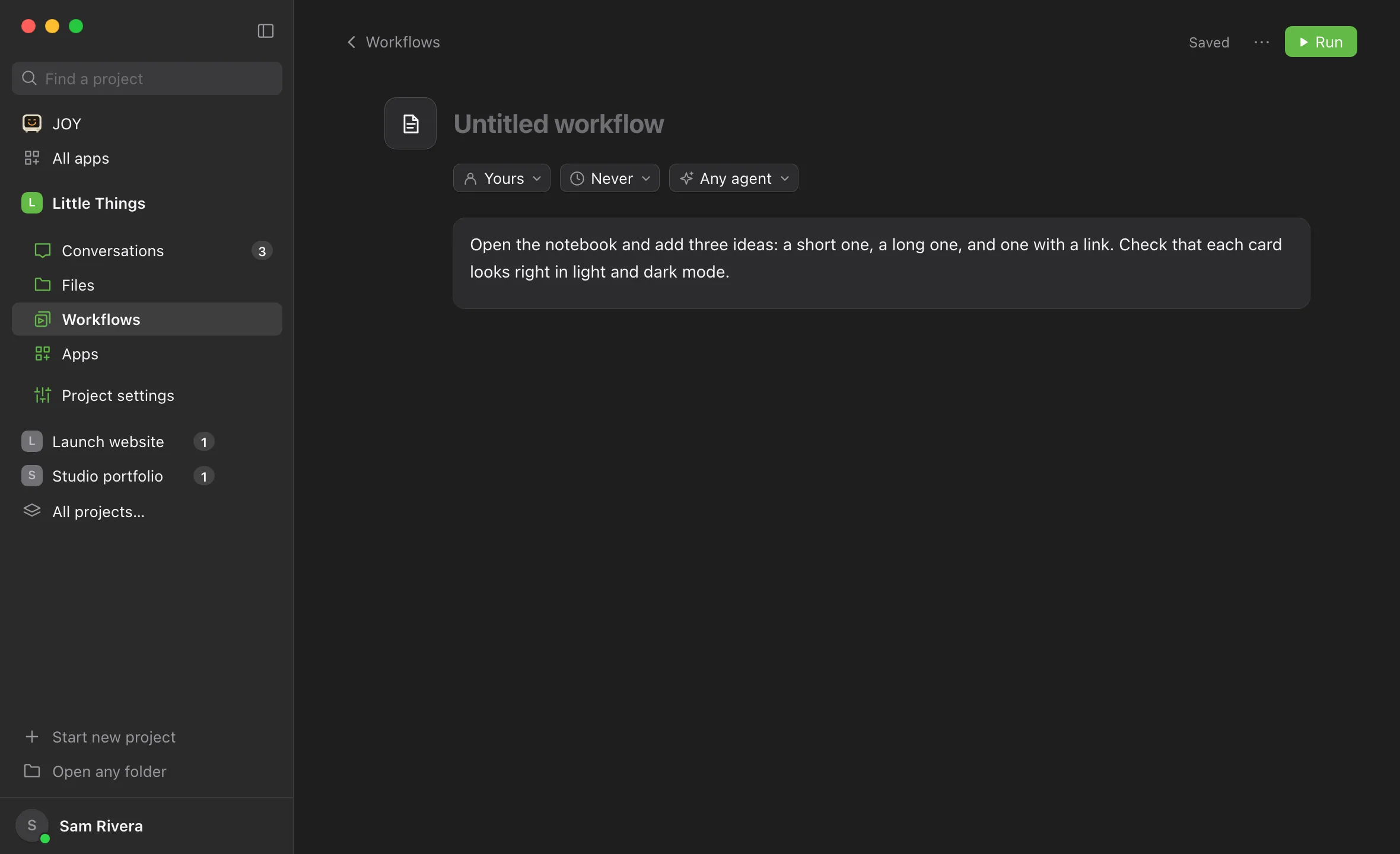 A new workflow’s page, with Untitled workflow in its title and instructions typed below the menus under it. Highlighted: The instructions.