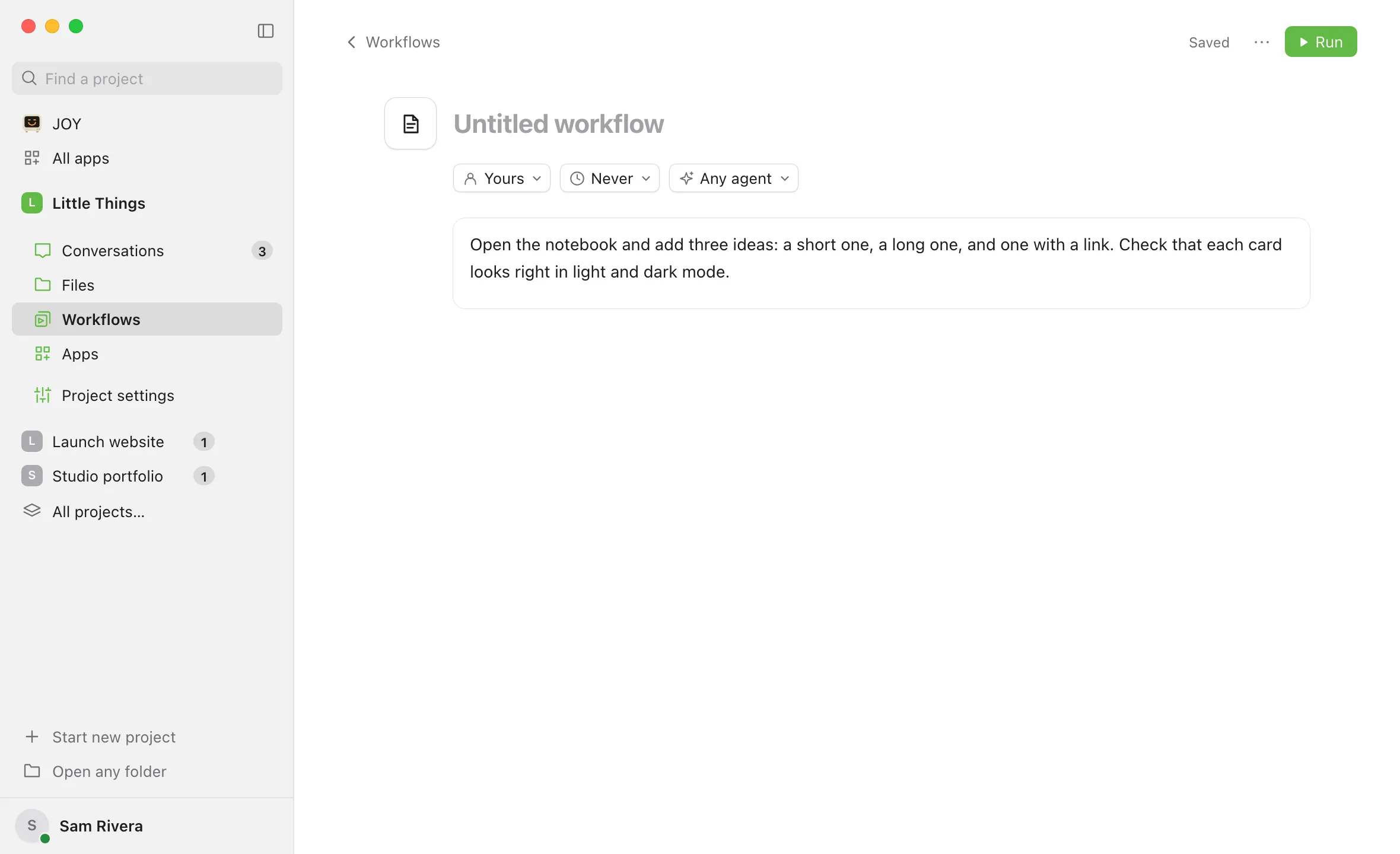 A new workflow’s page, with Untitled workflow in its title and instructions typed below the menus under it. Highlighted: The instructions.