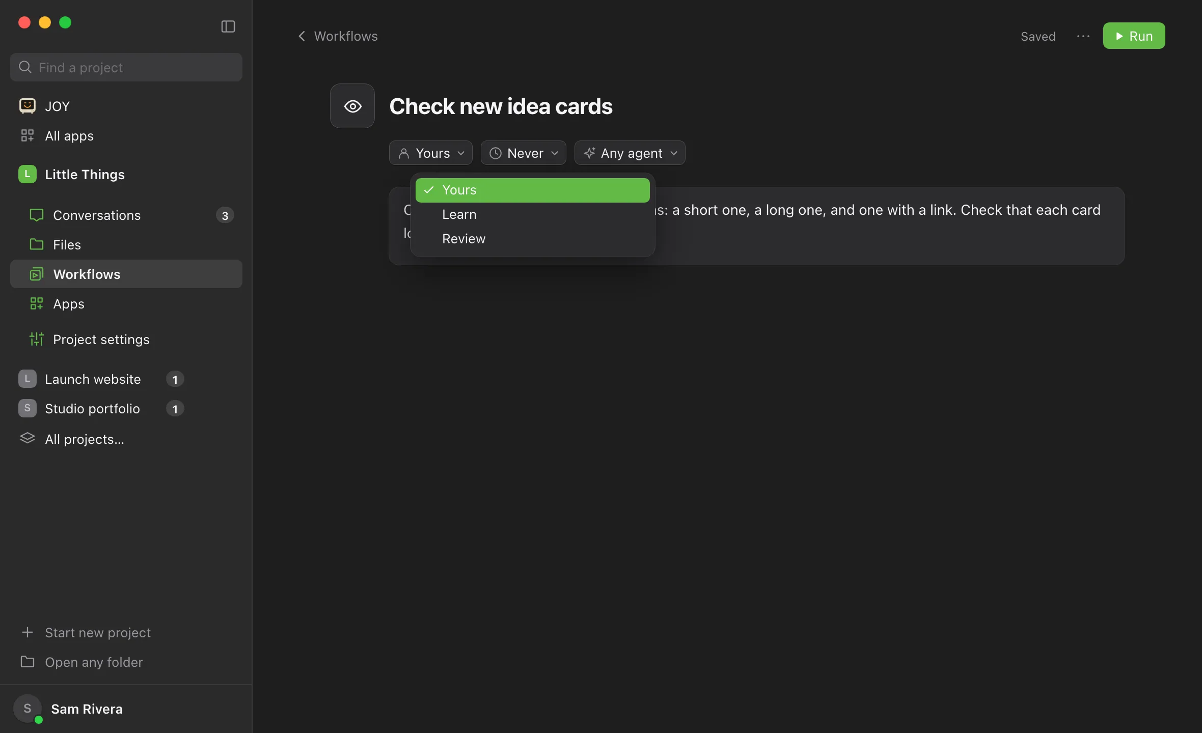 A new workflow’s page with a title typed in, and the collection menu under it open with Yours chosen. Highlighted: The collection menu.