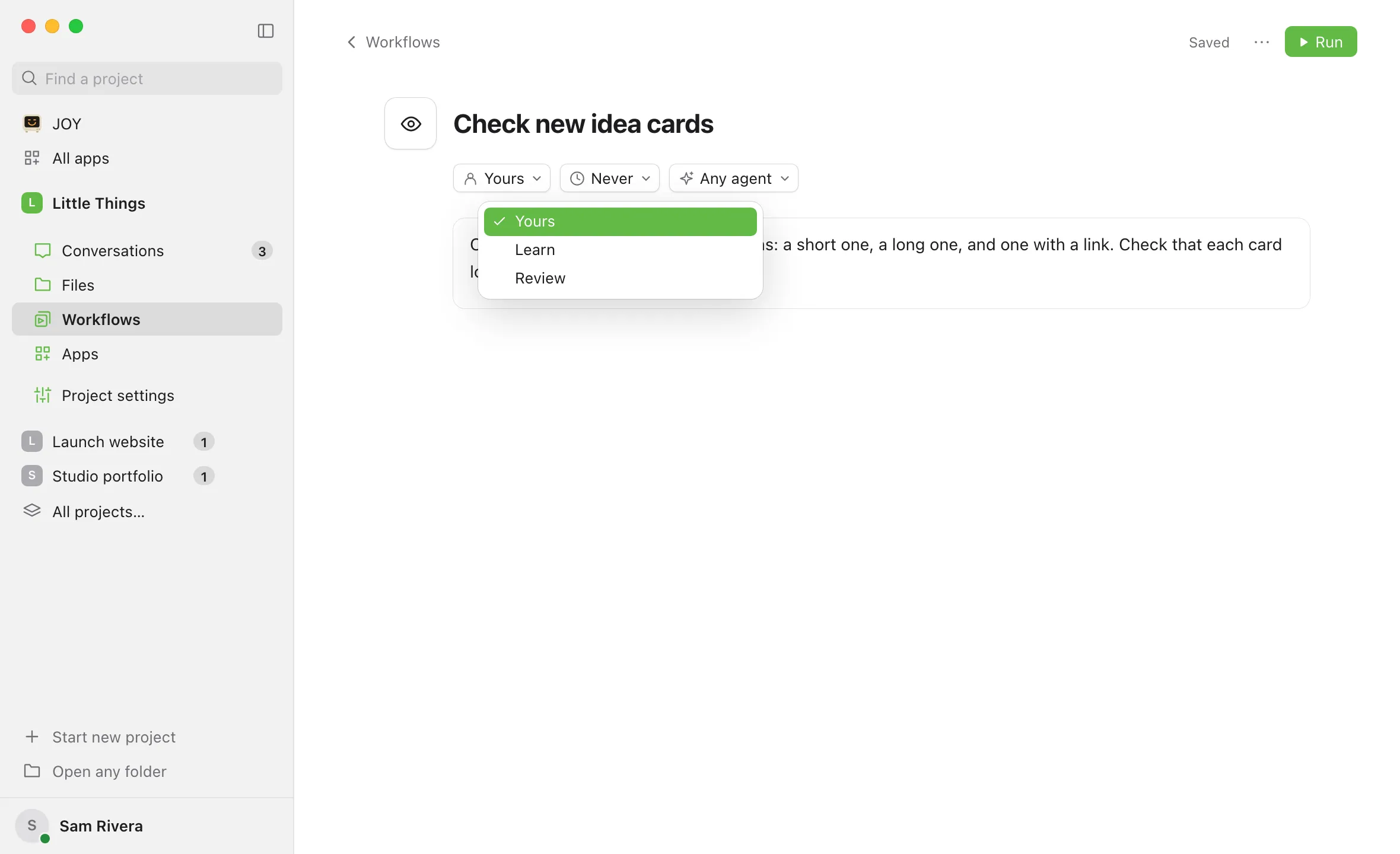 A new workflow’s page with a title typed in, and the collection menu under it open with Yours chosen. Highlighted: The collection menu.