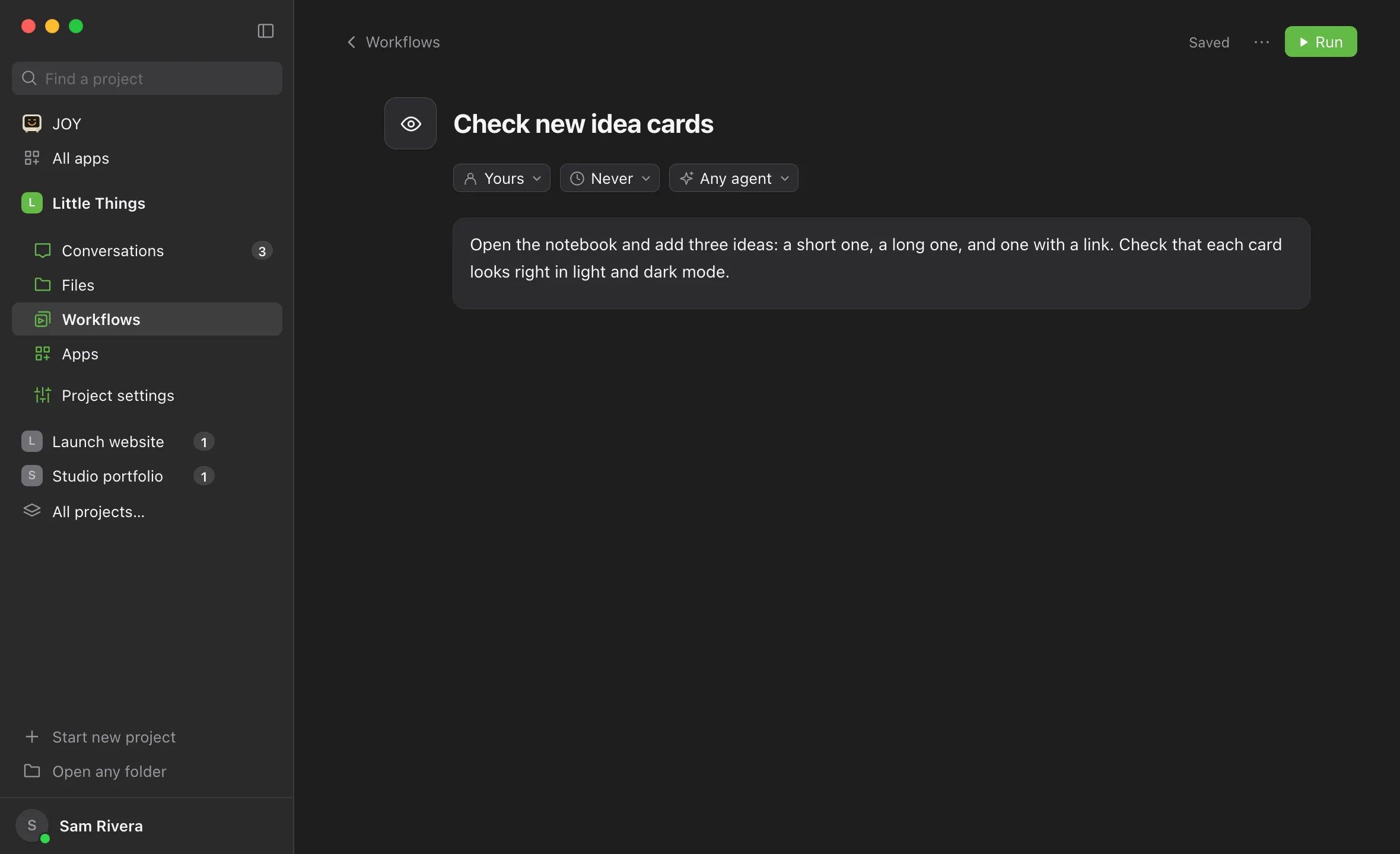 The new workflow’s page with its title and instructions, showing Saved at the top right next to ⋯ and Run. Highlighted: Saved.