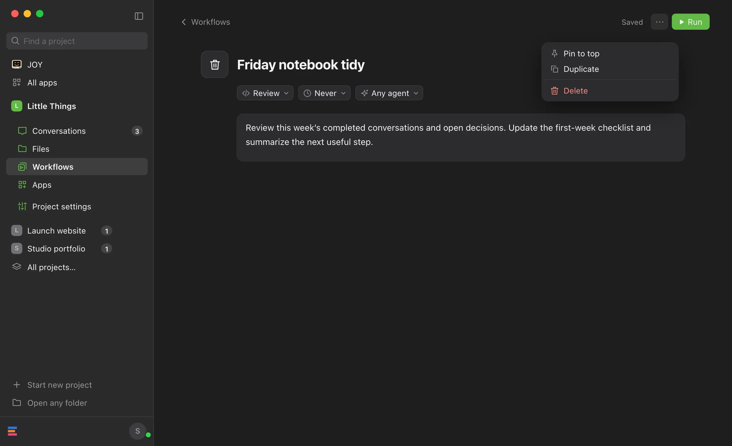 The page of Friday notebook tidy with its ⋯ menu open: Pin to top, Duplicate, and Delete. Highlighted: Delete.
