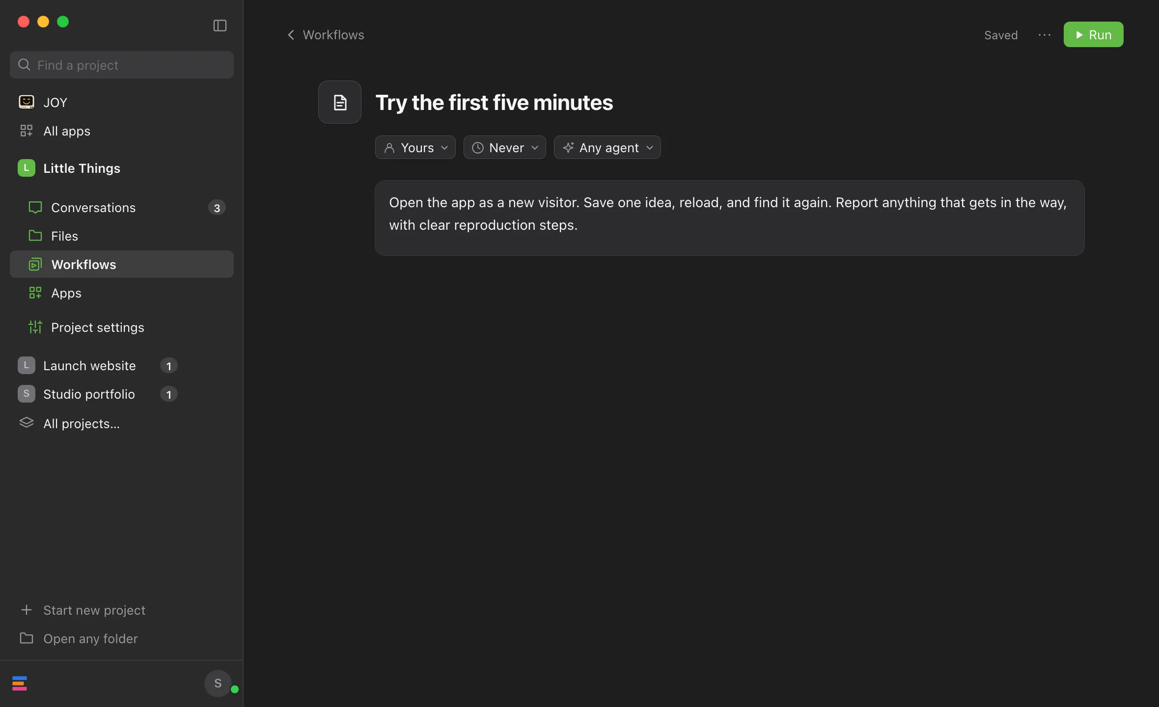 The page of Try the first five minutes: its title, the menus for its collection, Repeat, and preferred agent, and its instructions below. Highlighted: The instructions.