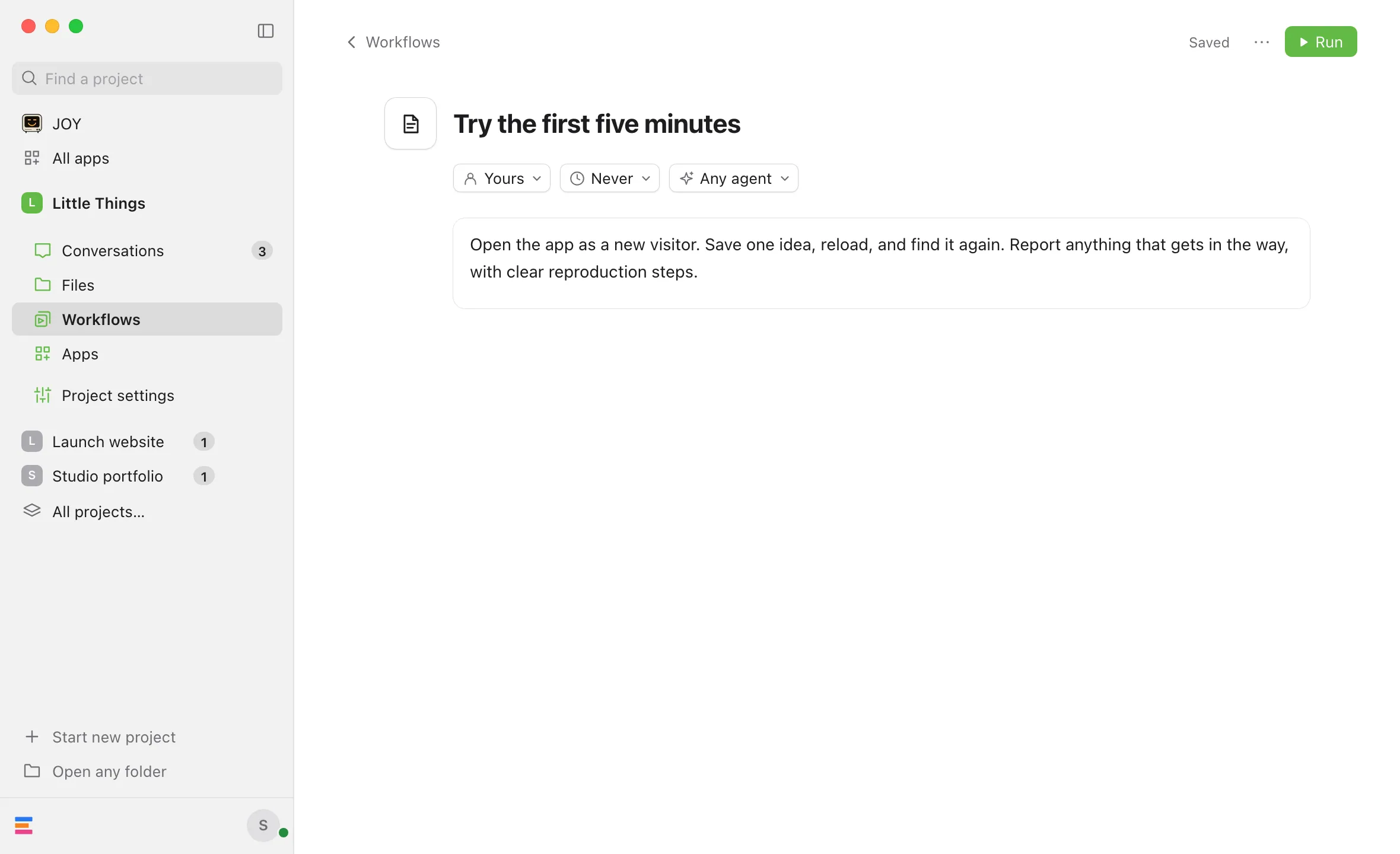 The page of Try the first five minutes: its title, the menus for its collection, Repeat, and preferred agent, and its instructions below. Highlighted: The instructions.