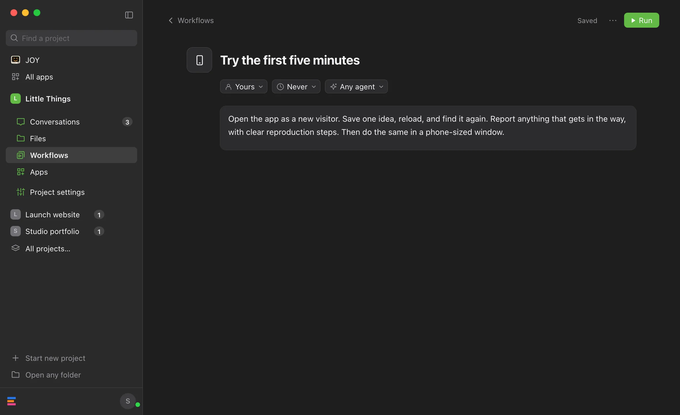 The page of Try the first five minutes with a sentence added to its instructions, showing Saved at the top right. Highlighted: Saved.