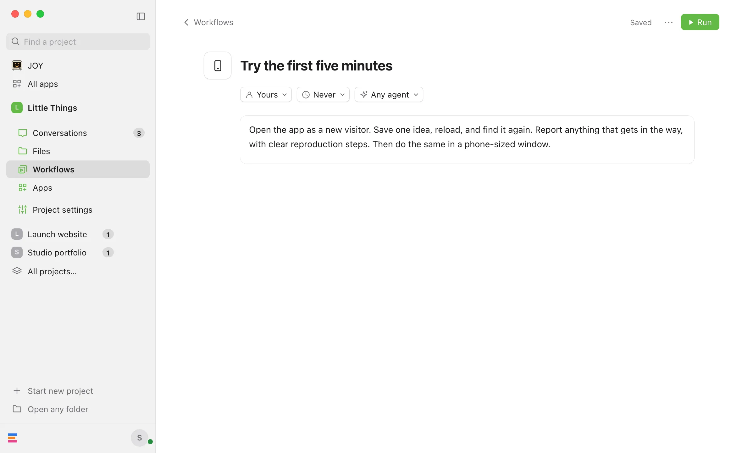 The page of Try the first five minutes with a sentence added to its instructions, showing Saved at the top right. Highlighted: Saved.