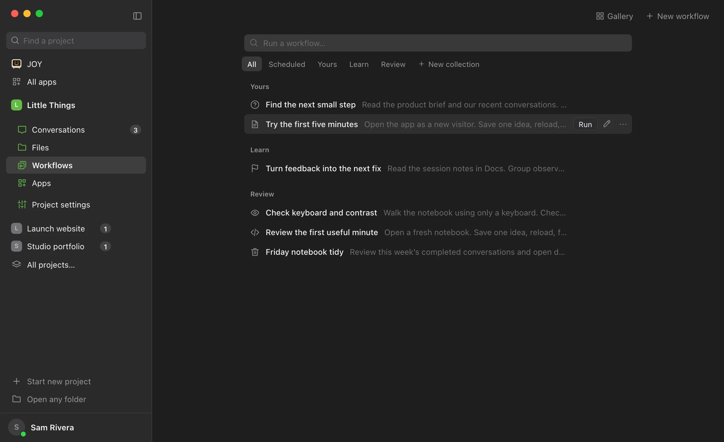 The Workflows library, with the pointer on a workflow’s line, showing Run, Edit, and its ⋯ button. Highlighted: The ⋯ button.