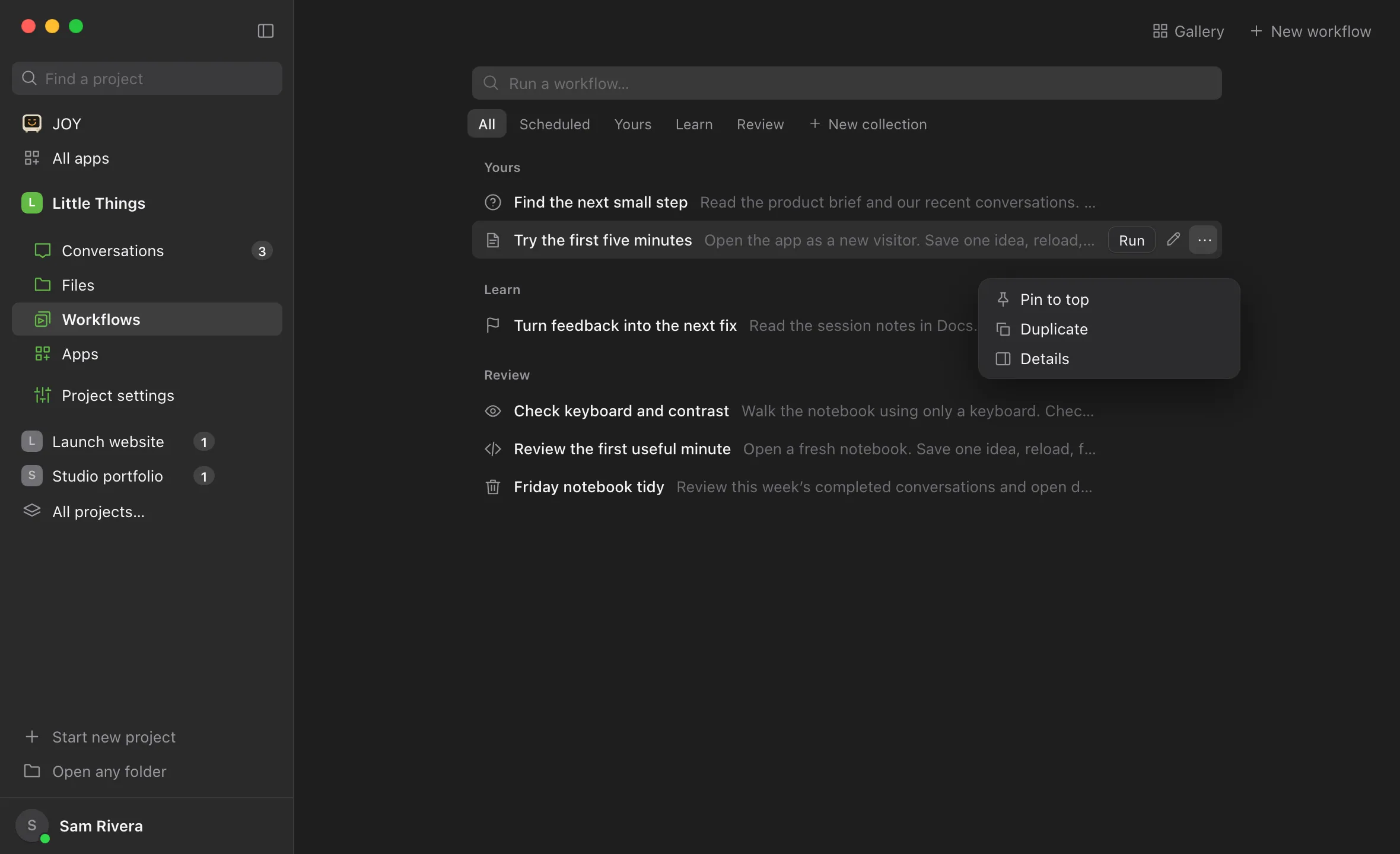 The workflow’s ⋯ menu open, with Pin to top, Duplicate, and Details. Highlighted: Pin to top.