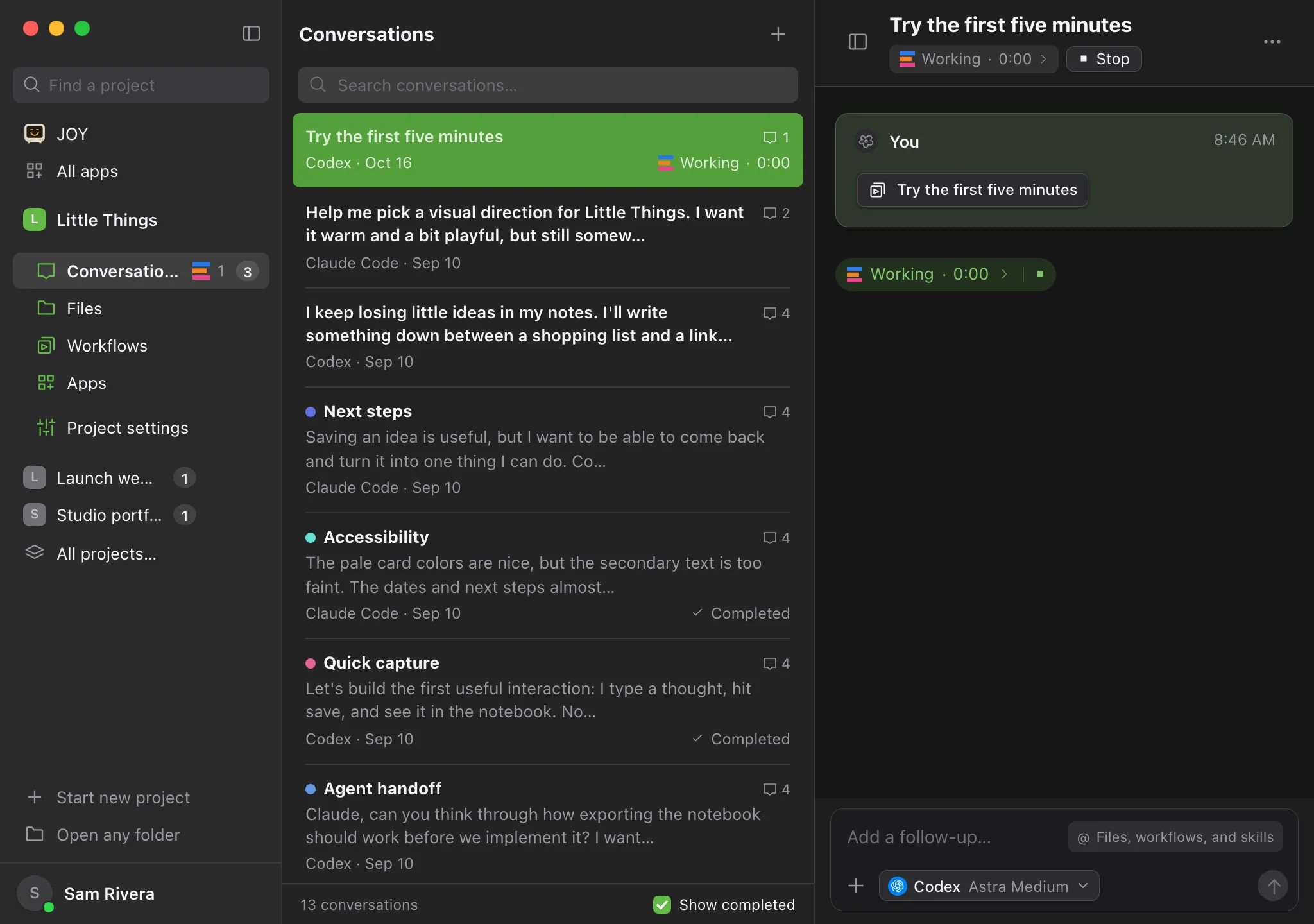 The new conversation the run opened, with the workflow shown as a chip in the first message. Highlighted: The workflow chip in the first message.