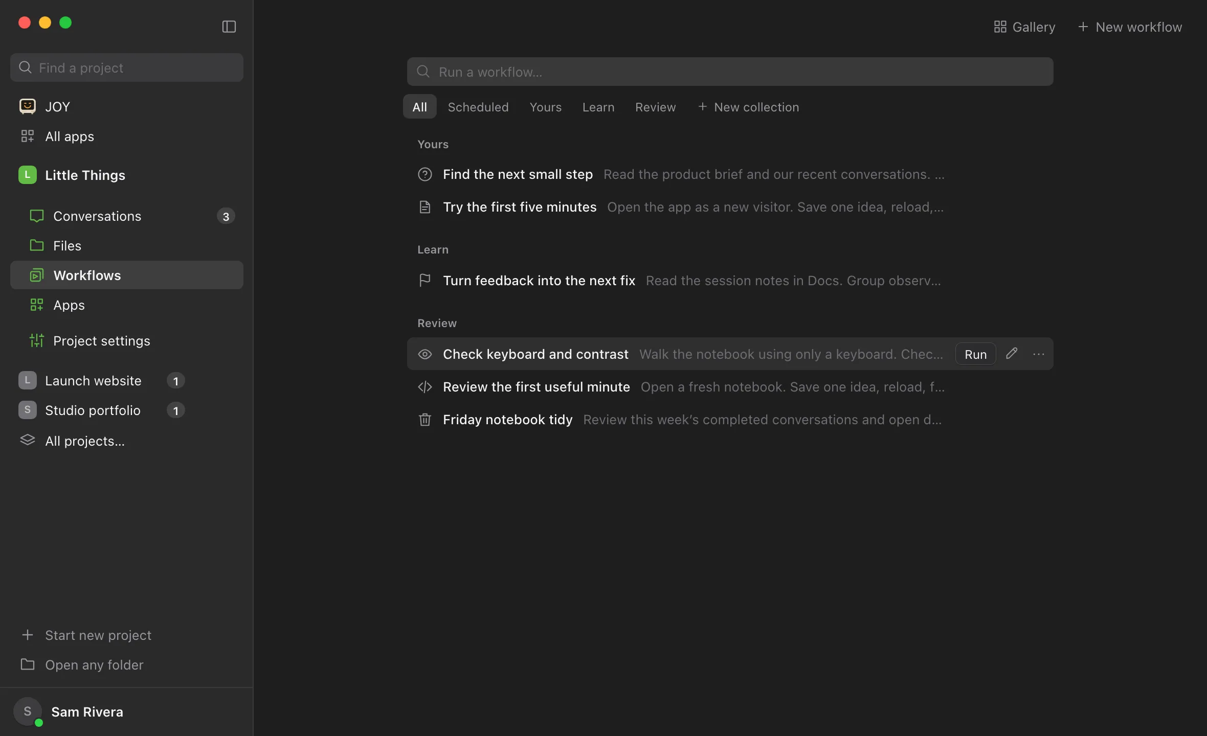 The Review collection in the Workflows library, with the pointer on a workflow’s line, showing Run, Edit (a pencil), and its ⋯ button. Highlighted: Edit (the pencil).