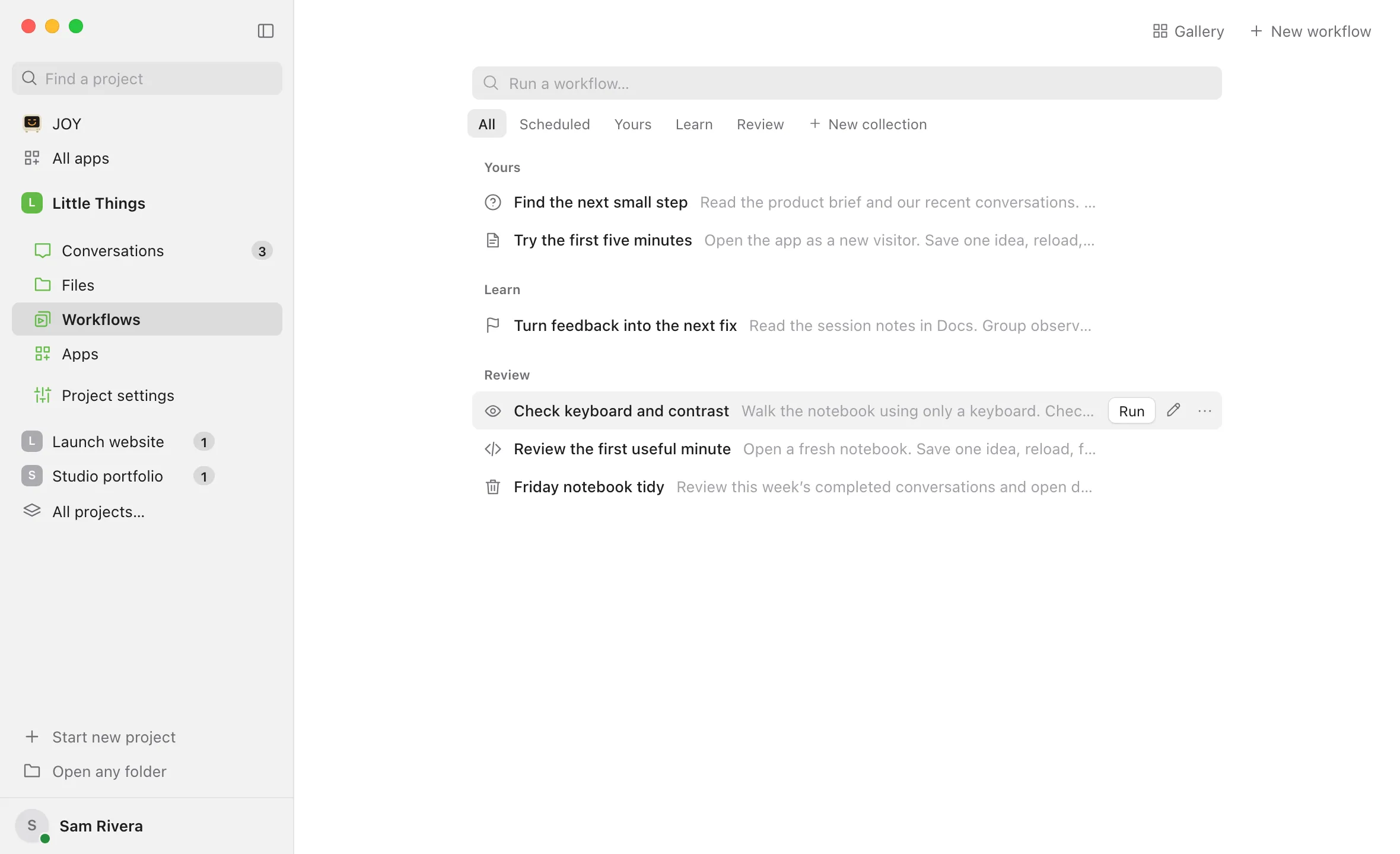 The Review collection in the Workflows library, with the pointer on a workflow’s line, showing Run, Edit (a pencil), and its ⋯ button. Highlighted: Edit (the pencil).
