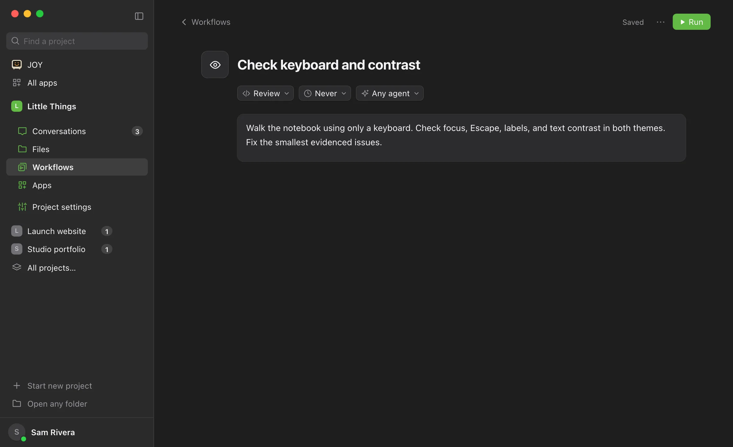 A workflow’s page, with Repeat under the title showing Never. Highlighted: Repeat.