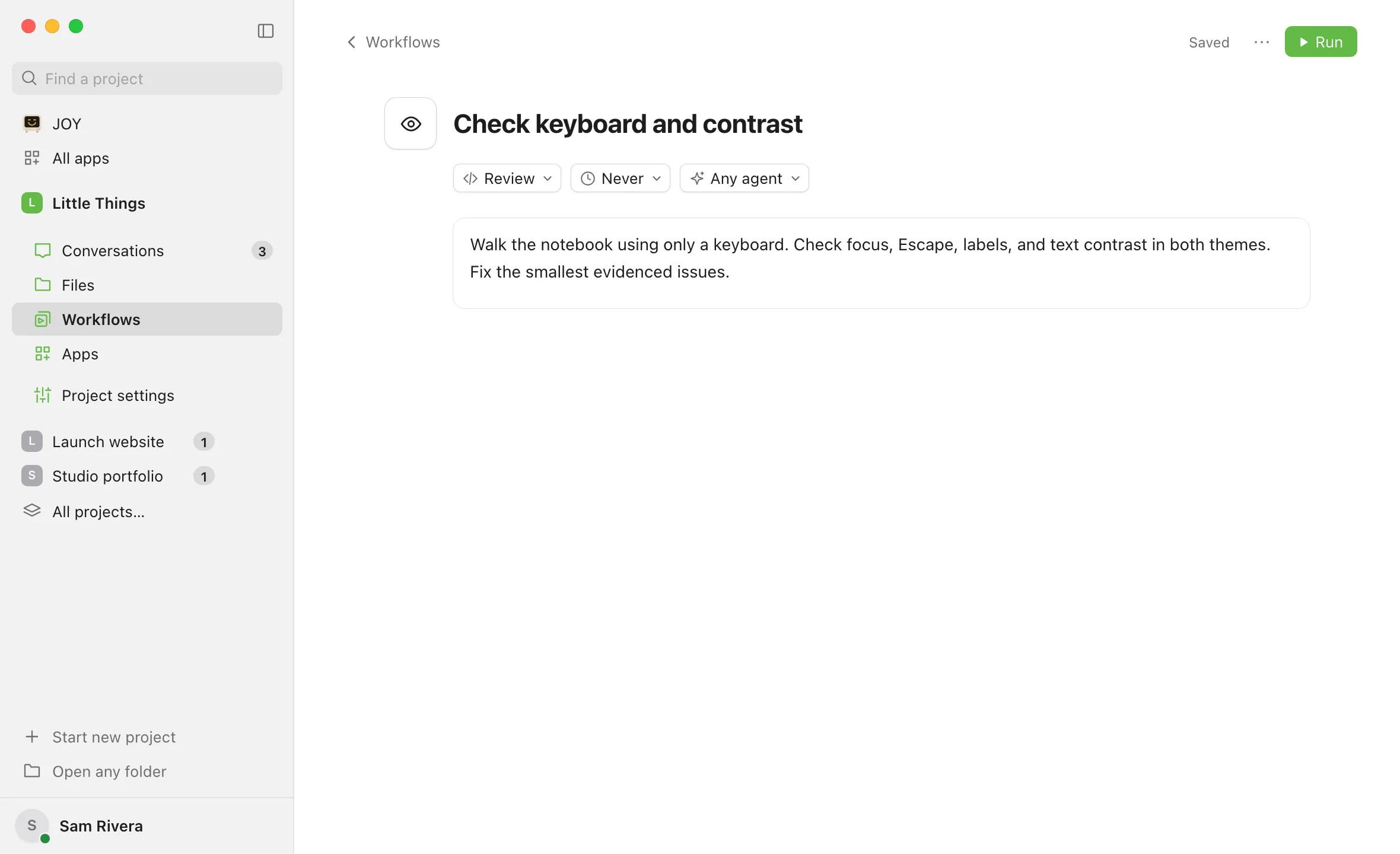 A workflow’s page, with Repeat under the title showing Never. Highlighted: Repeat.