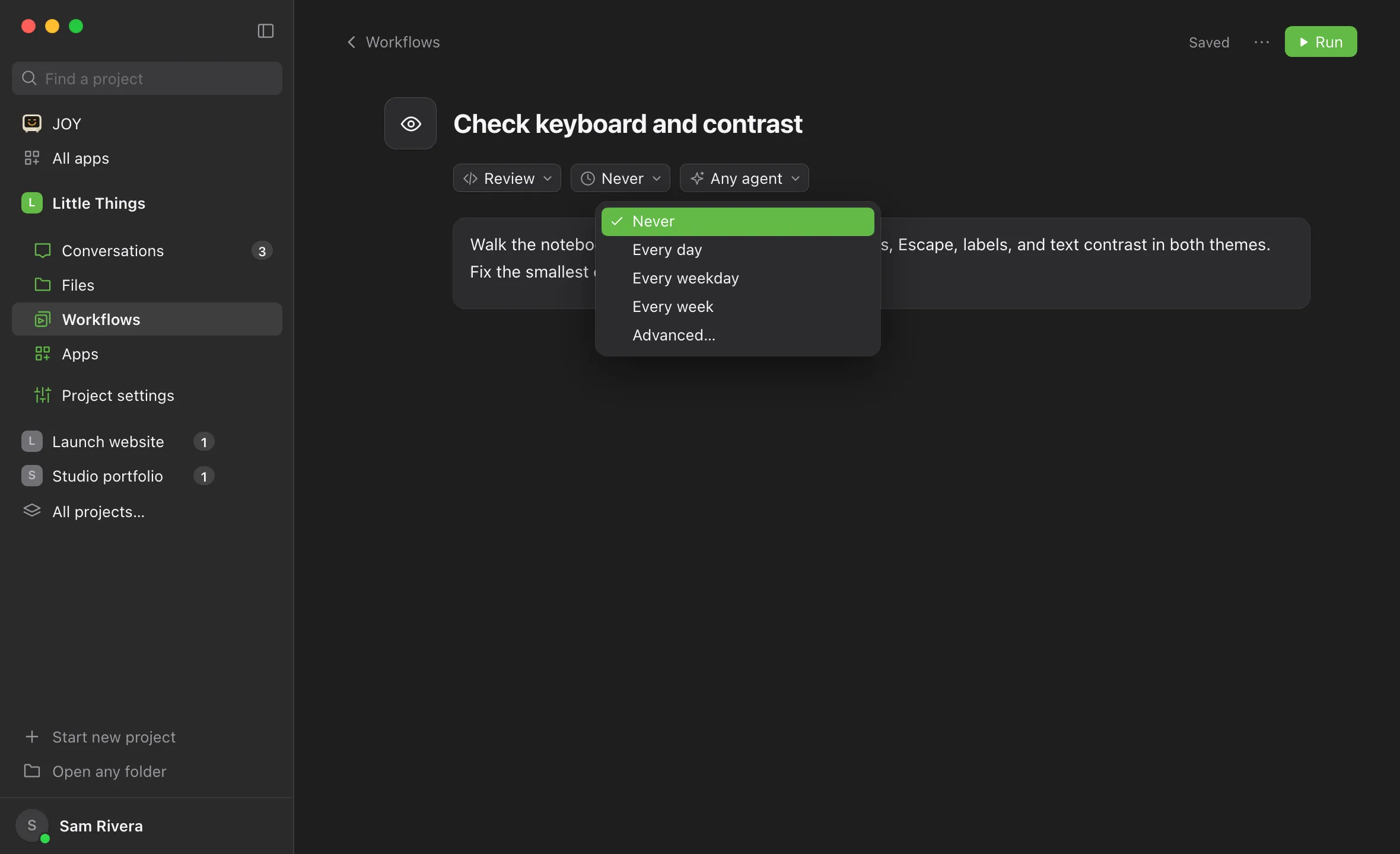 A workflow’s page with the Repeat menu open. Highlighted: Every weekday.