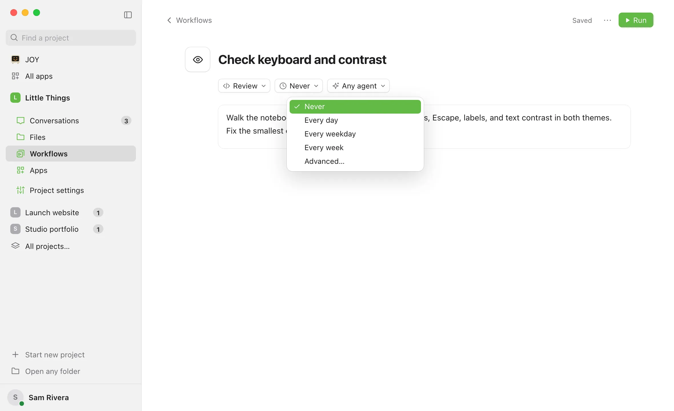 A workflow’s page with the Repeat menu open. Highlighted: Every weekday.