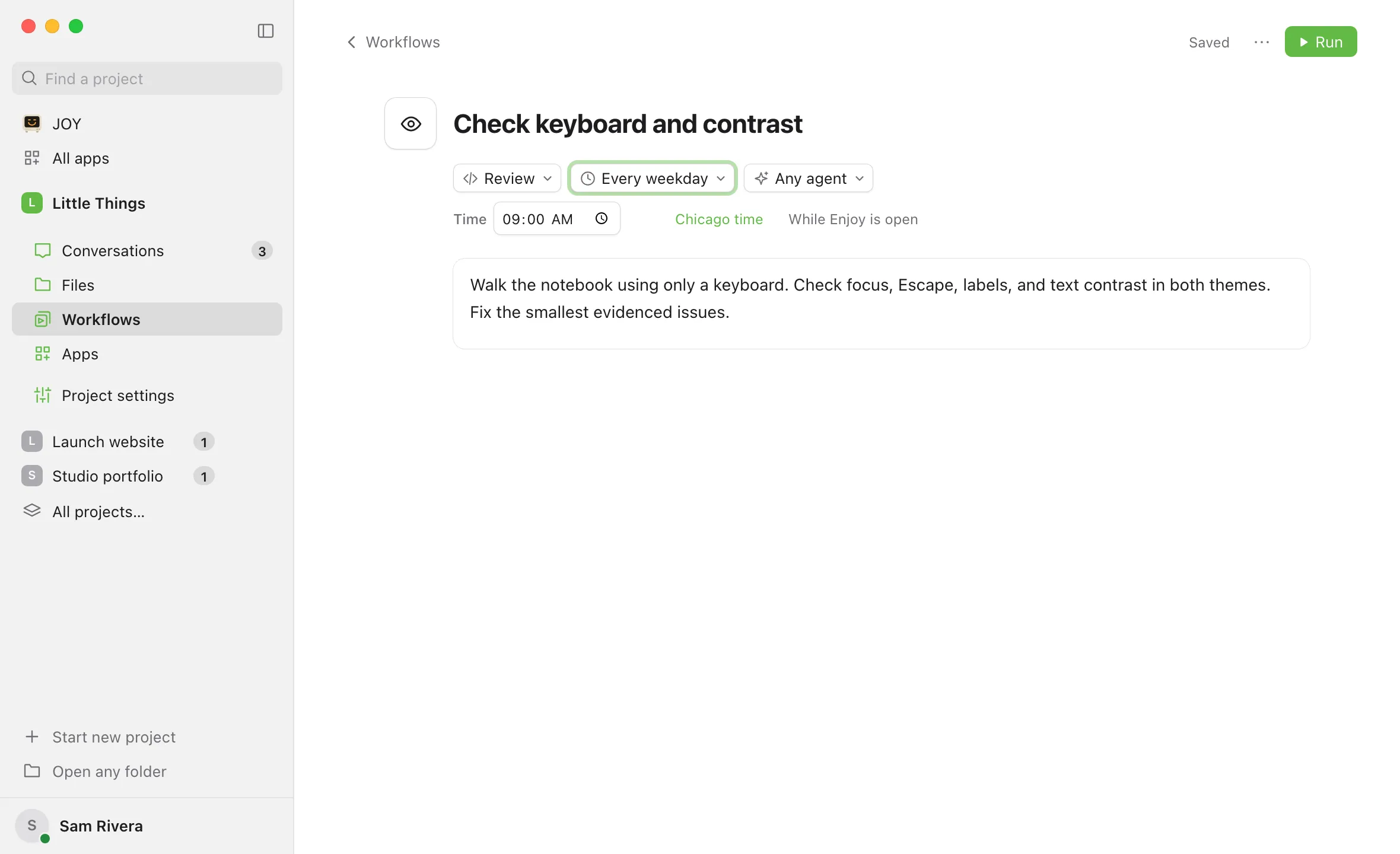 The workflow’s page with Repeat set to Every weekday, Time 09:00 AM, and Chicago time, showing Saved at the top right. Highlighted: Saved.