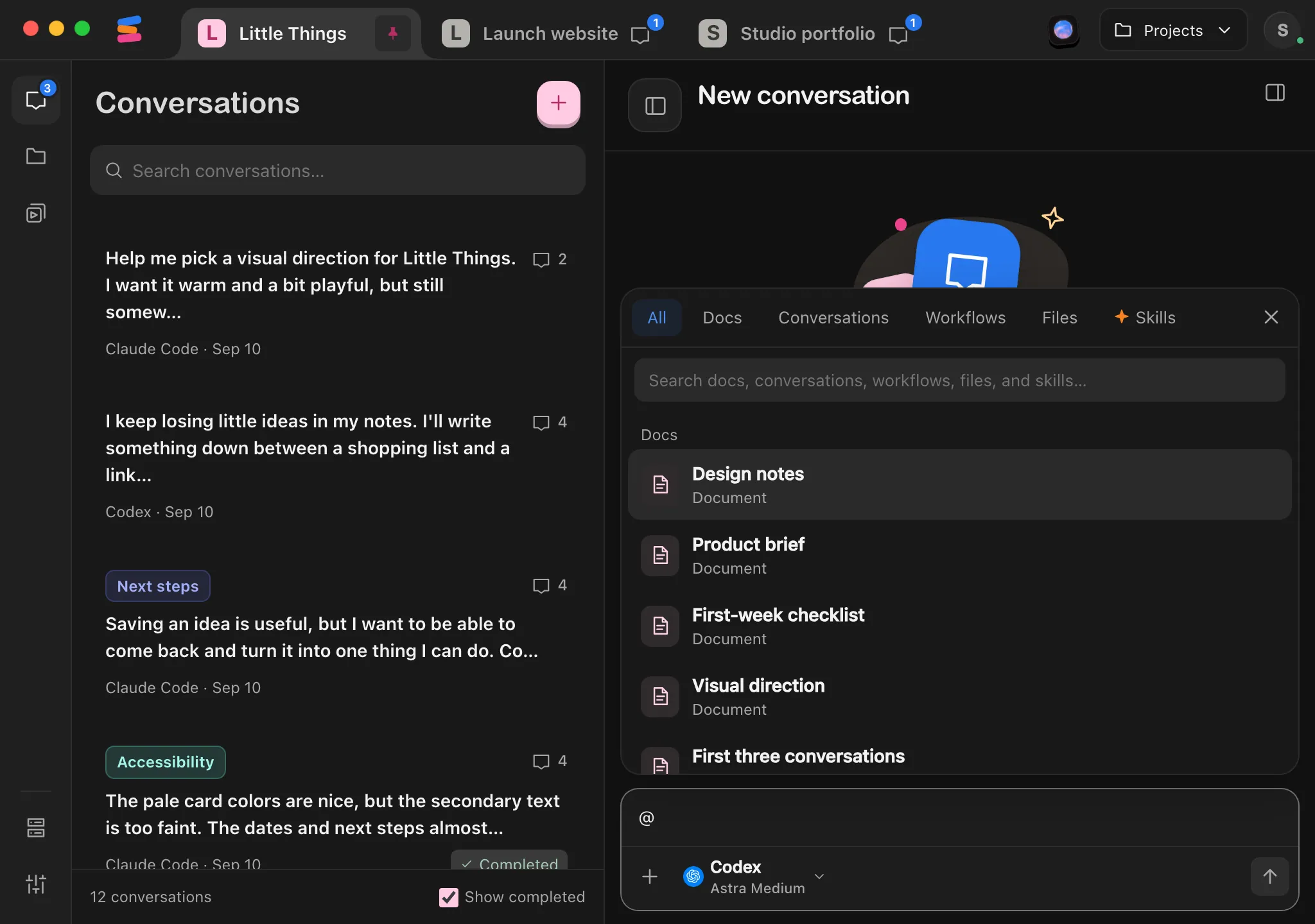 The message box with @ typed and the picker open above it, showing the All, Docs, Workflows, and Files buttons. Highlighted: The message box.