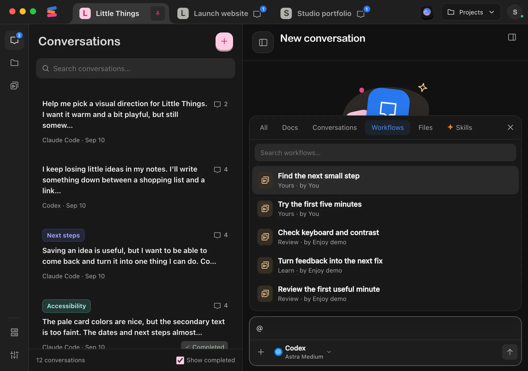 The picker showing only workflows, each with its collection and author. Highlighted: Workflows.