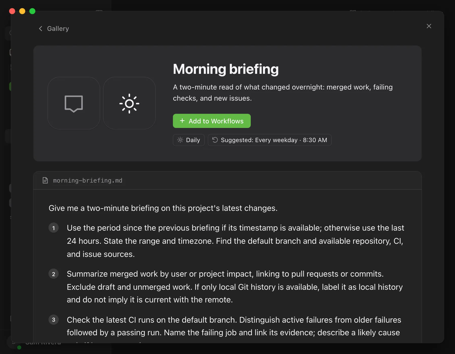 A workflow's page in the Gallery, showing its description, category, schedule suggestion, and instructions. Highlighted: Add to Workflows.