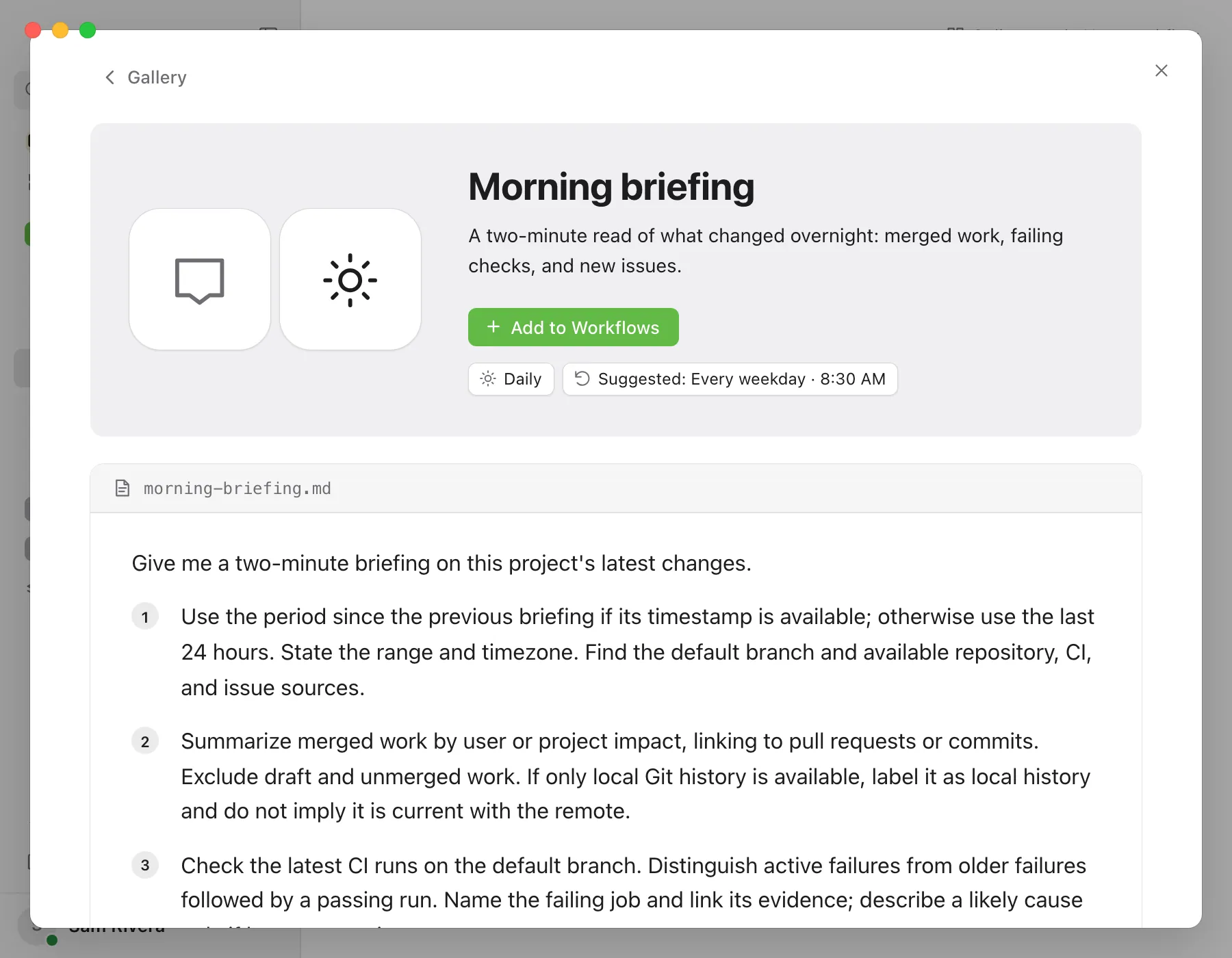 A workflow's page in the Gallery, showing its description, category, schedule suggestion, and instructions. Highlighted: Add to Workflows.