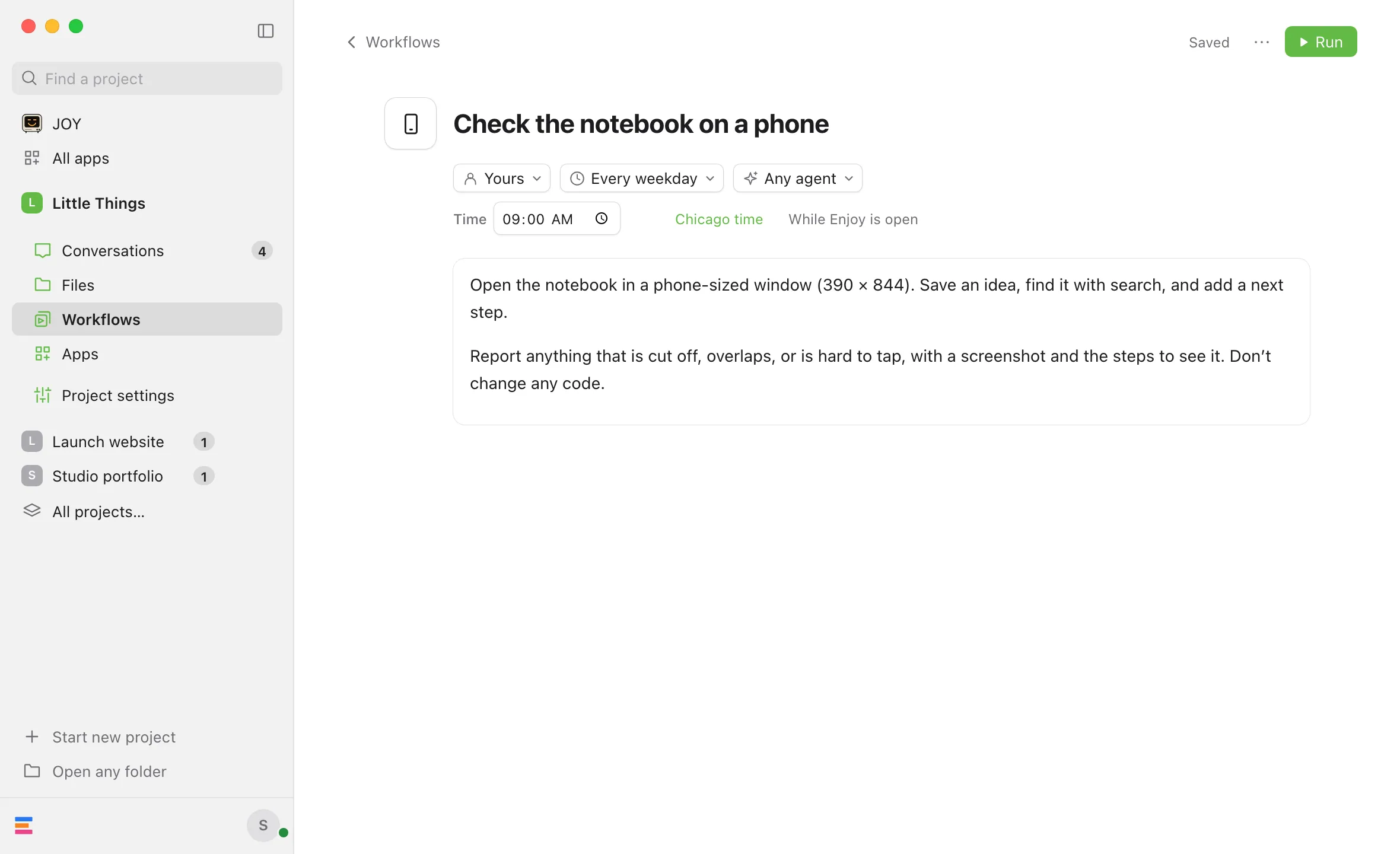 The page of Check the notebook on a phone, opened in Workflows right after an agent saved it: Repeat shows Every weekday, with the time and Chicago time below, and the instructions under them. Highlighted: The time and time zone.
