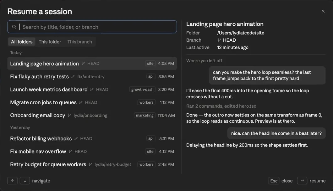 The Claude app’s Resume a session dialog, with the selected session’s folder highlighted