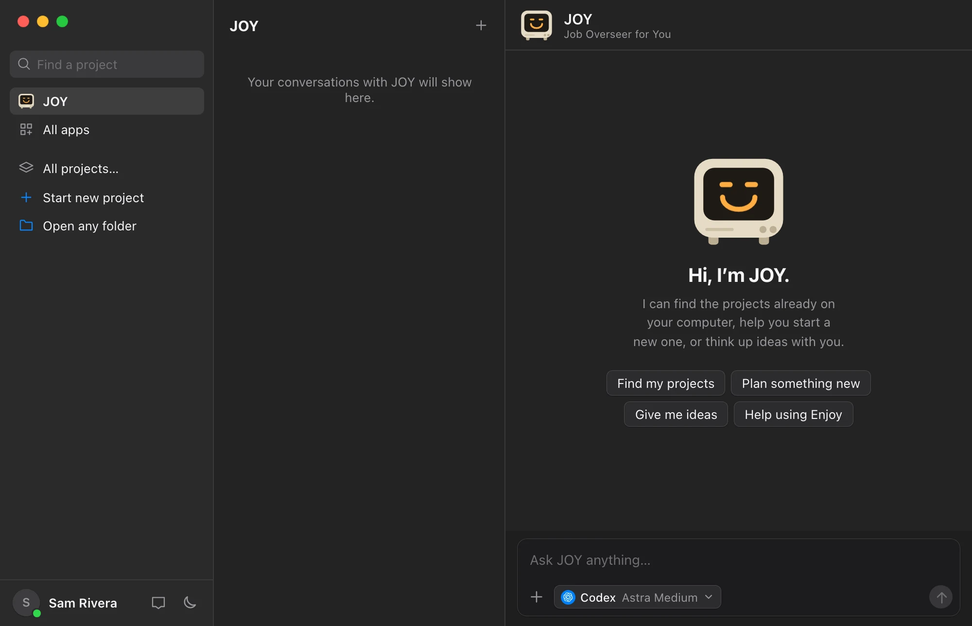 Enjoy before there are any projects, with Open any folder highlighted in the sidebar