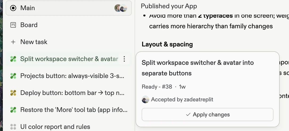 A Ready task in Replit Agent, with its Apply changes button highlighted